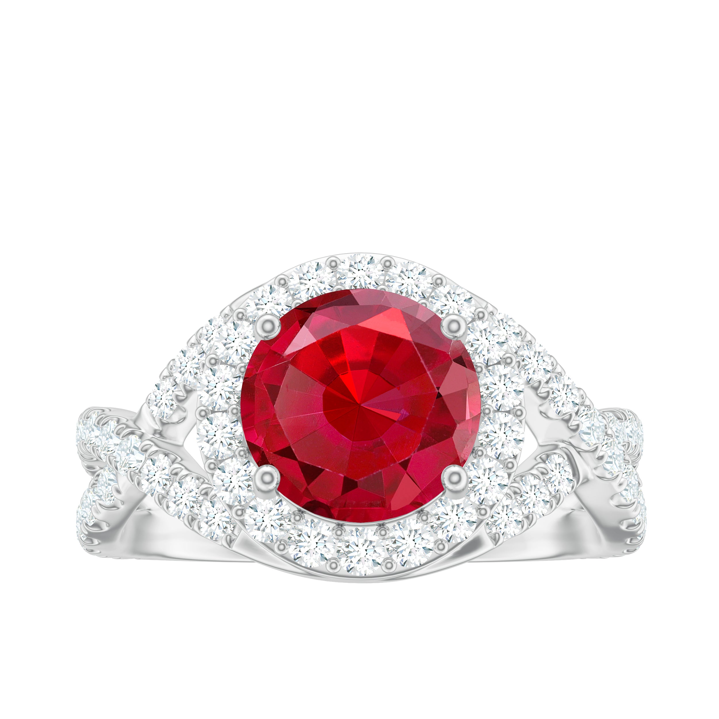 Round Created Ruby Crossover Engagement Ring With Moissanite AAAA - Rosec Jewels