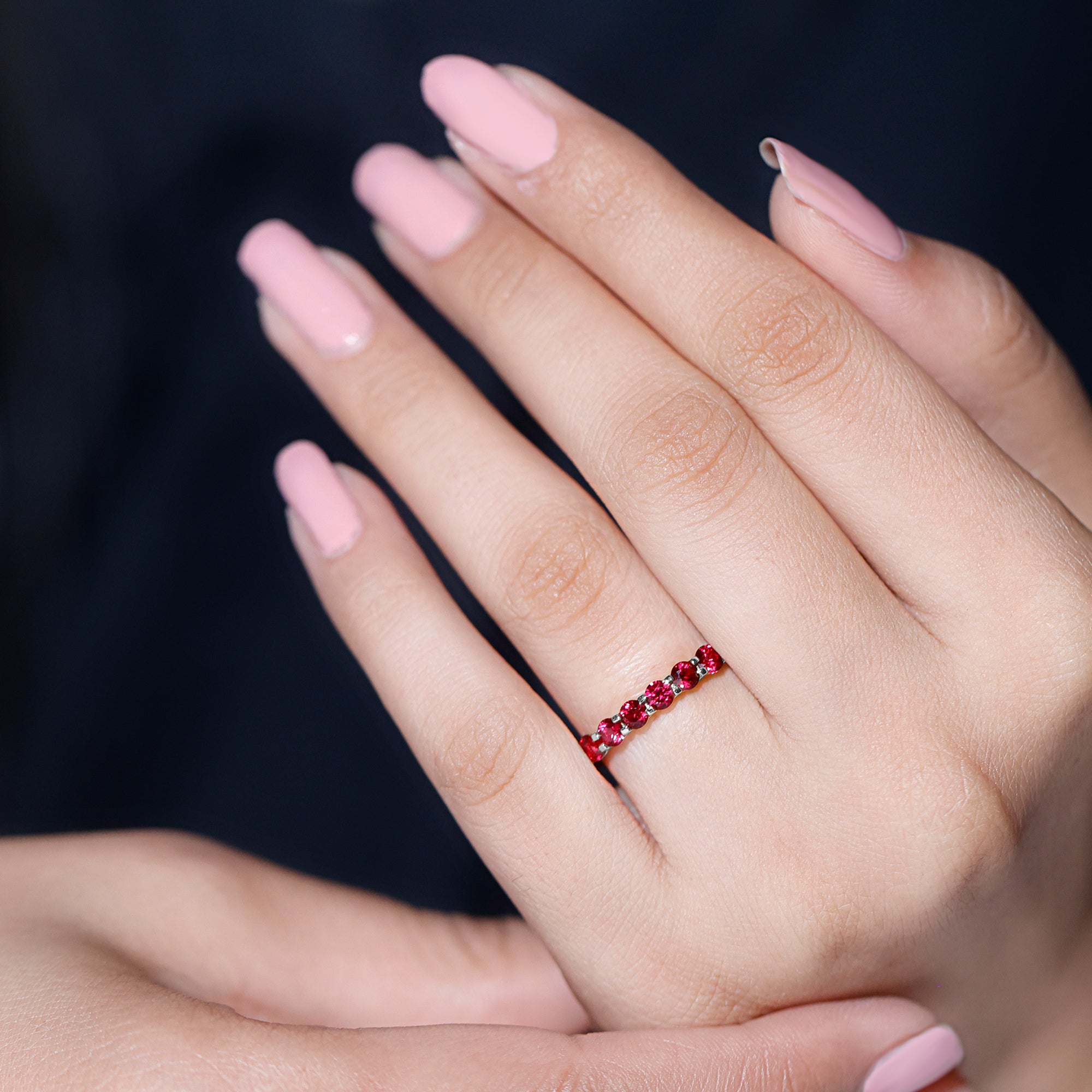 Rosec Jewels-Shared Prong Set Round Created Ruby Full Eternity Band Ring