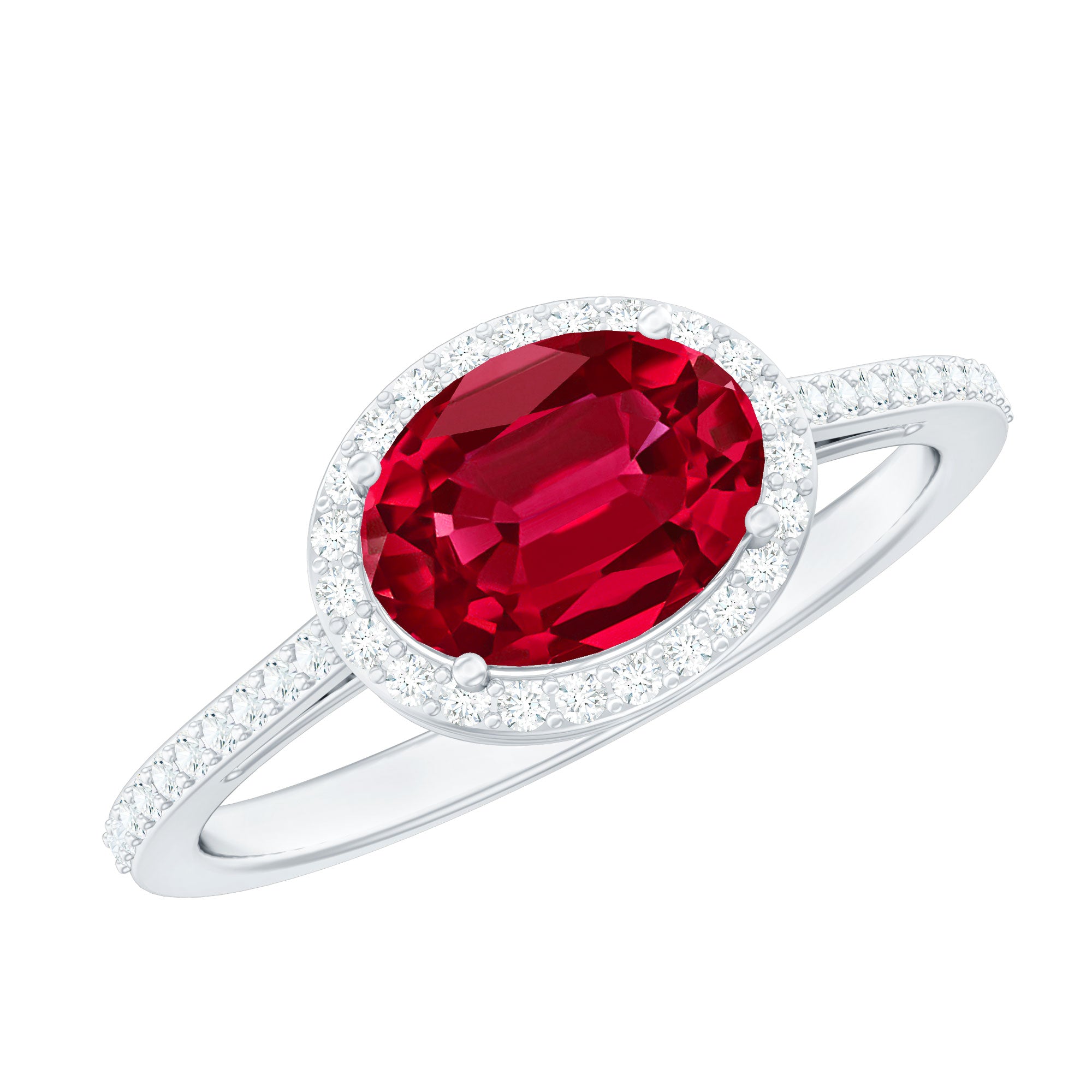 East West Set Lab Grown Ruby Oval Engagement Ring with Diamond