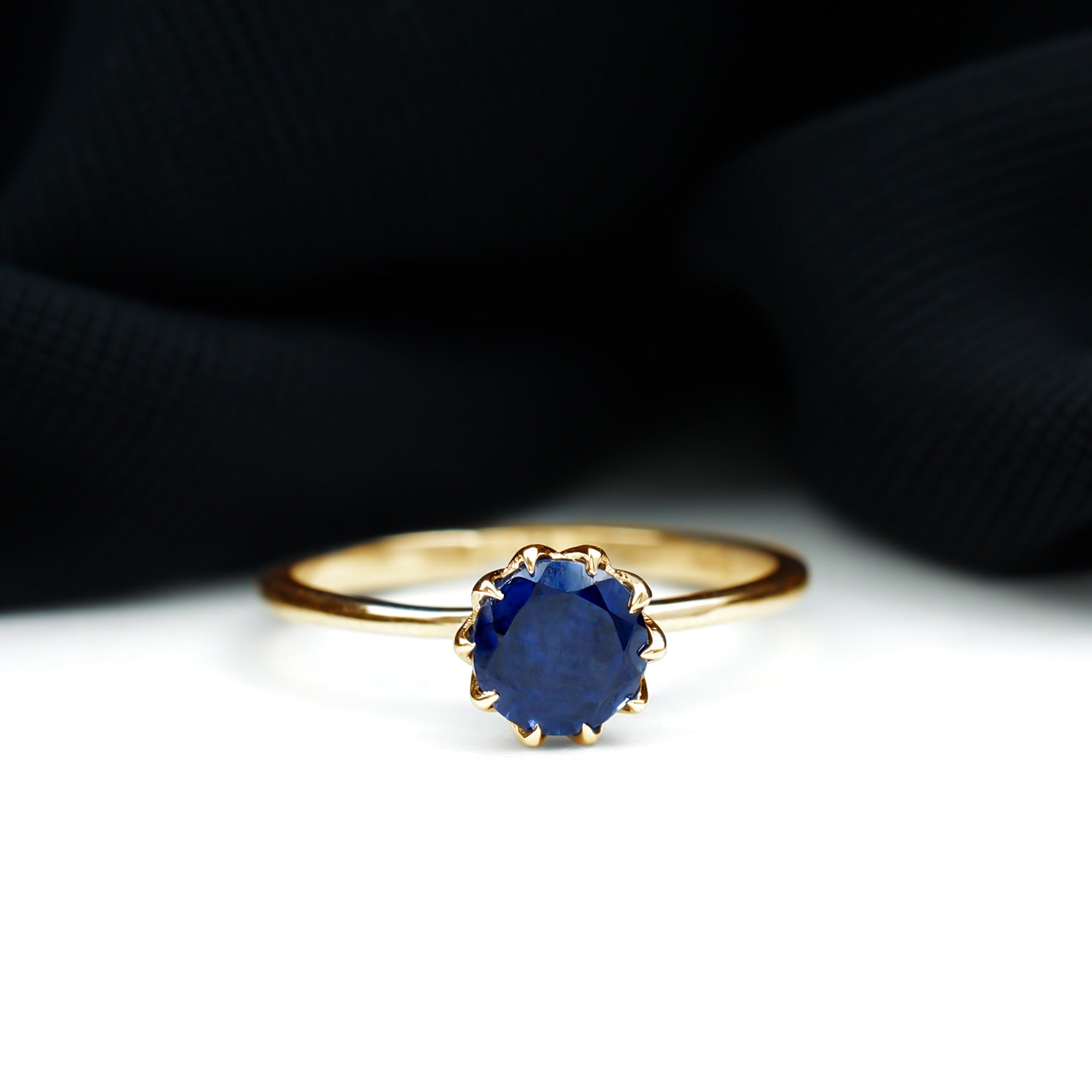 6 MM Round Lab Created Blue Sapphire Solitaire Ring in Lotus Basket Setting Lab Created Blue Sapphire - ( AAAA ) - Quality - Rosec Jewels