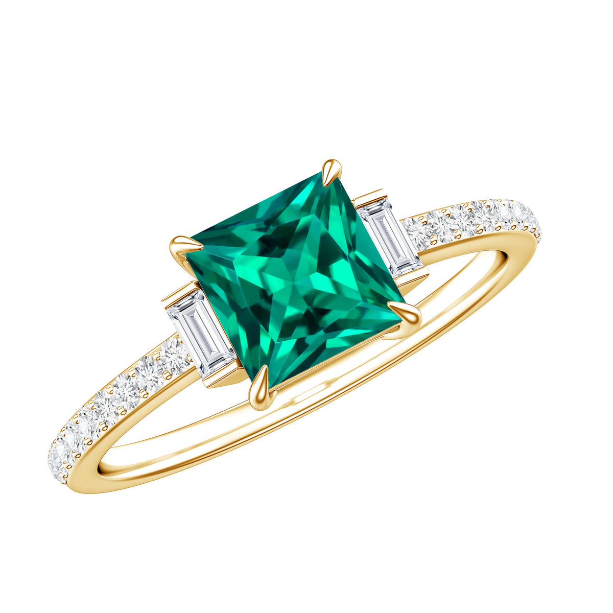 Lab Grown Emerald Diamond 3 Stone Engagement Ring with Certificate AAAA - Rosec Jewels