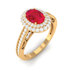 Oval Created Ruby Double Halo Engagement Ring with Diamond Lab Created Ruby - ( AAAA ) - Quality - Rosec Jewels