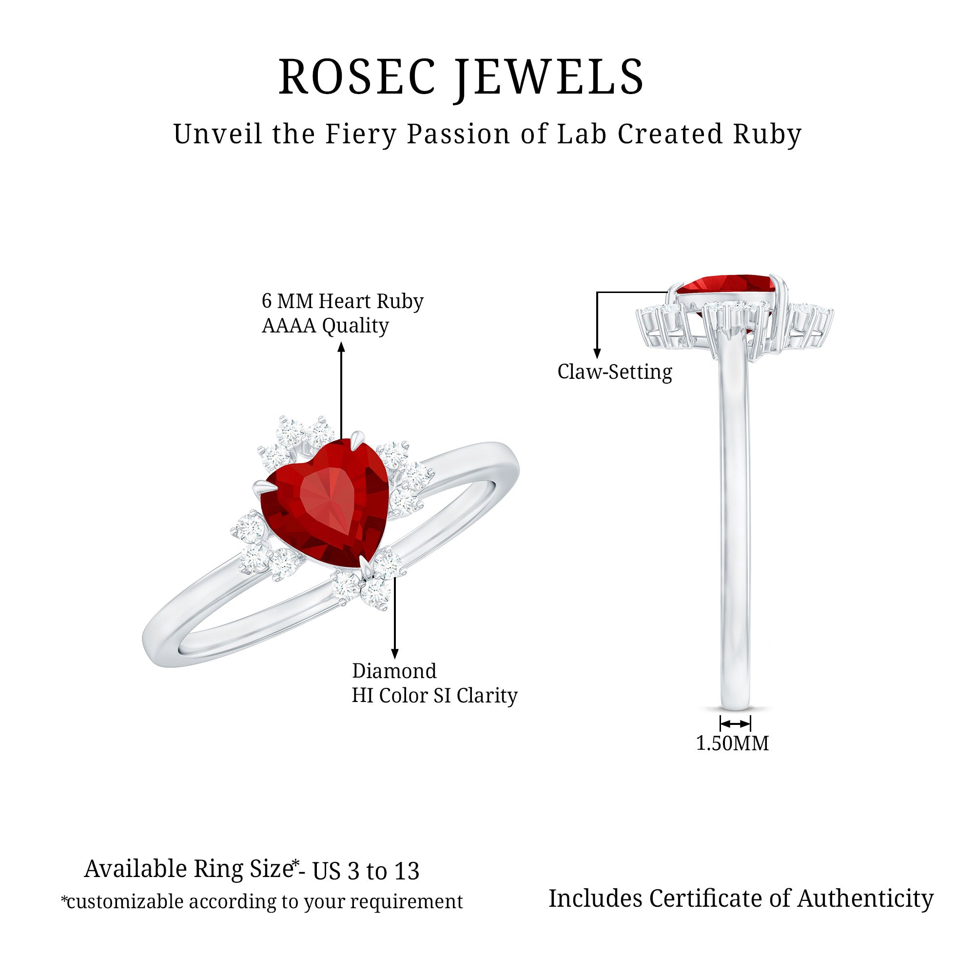 Rosec Jewels-Lab Created Ruby Heart Promise Ring with Diamonds