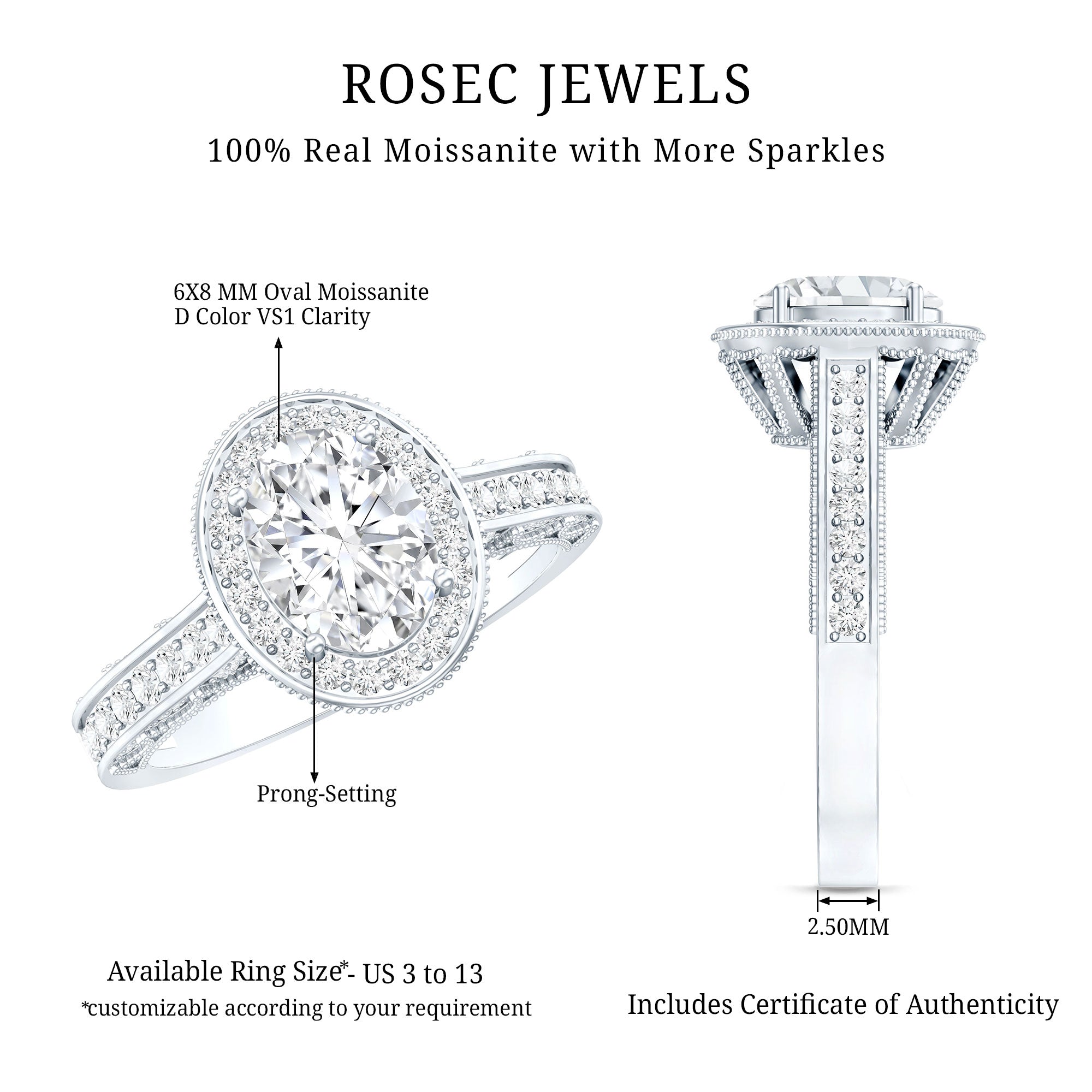 Rosec Jewels-6X8 MM Oval Moissanite Victorian Engagement Ring with Halo