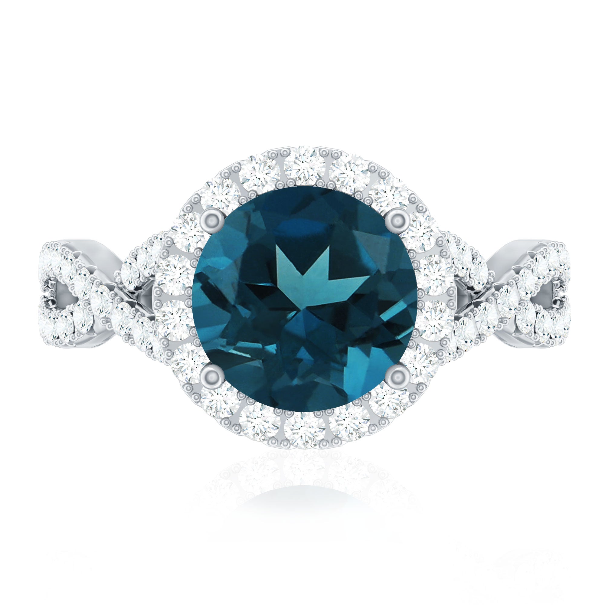 8mm Round London Blue Topaz Crossover Engagement Ring with Diamond Halo AAA - Rosec Jewels