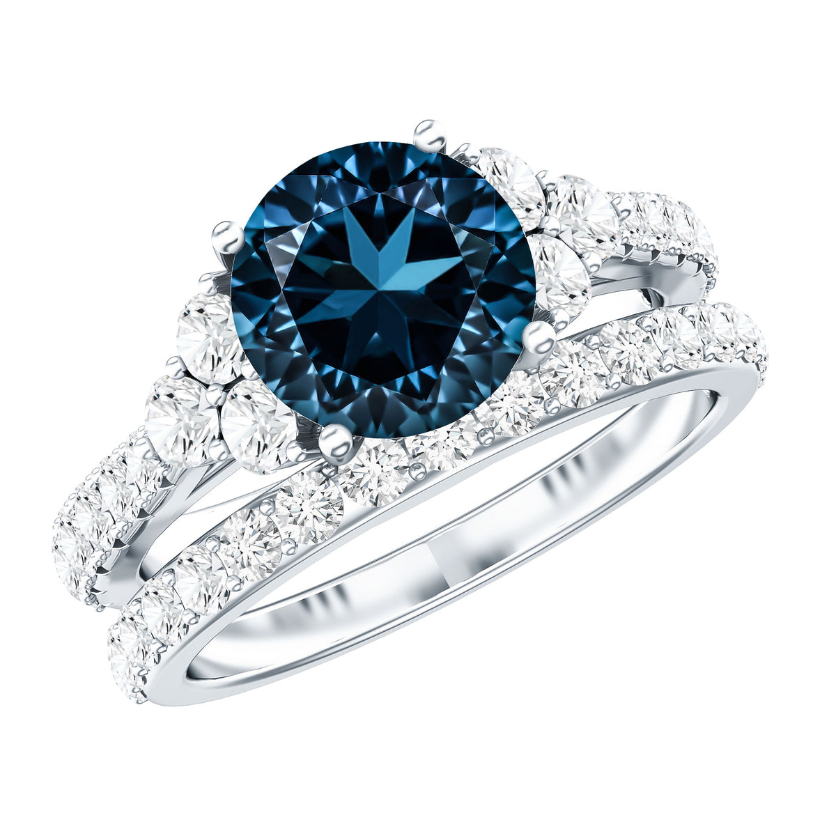 2 Carat London Blue Topaz Ring Set with Wedding Band AAA - Rosec Jewels