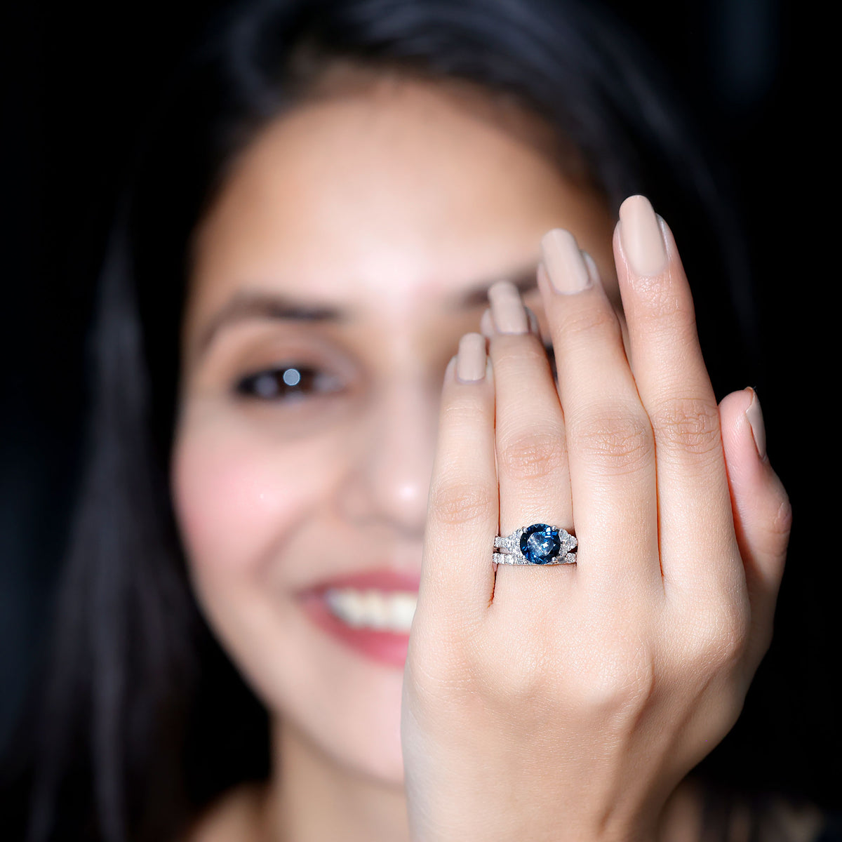 2 Carat London Blue Topaz Ring Set with Wedding Band AAA - Rosec Jewels