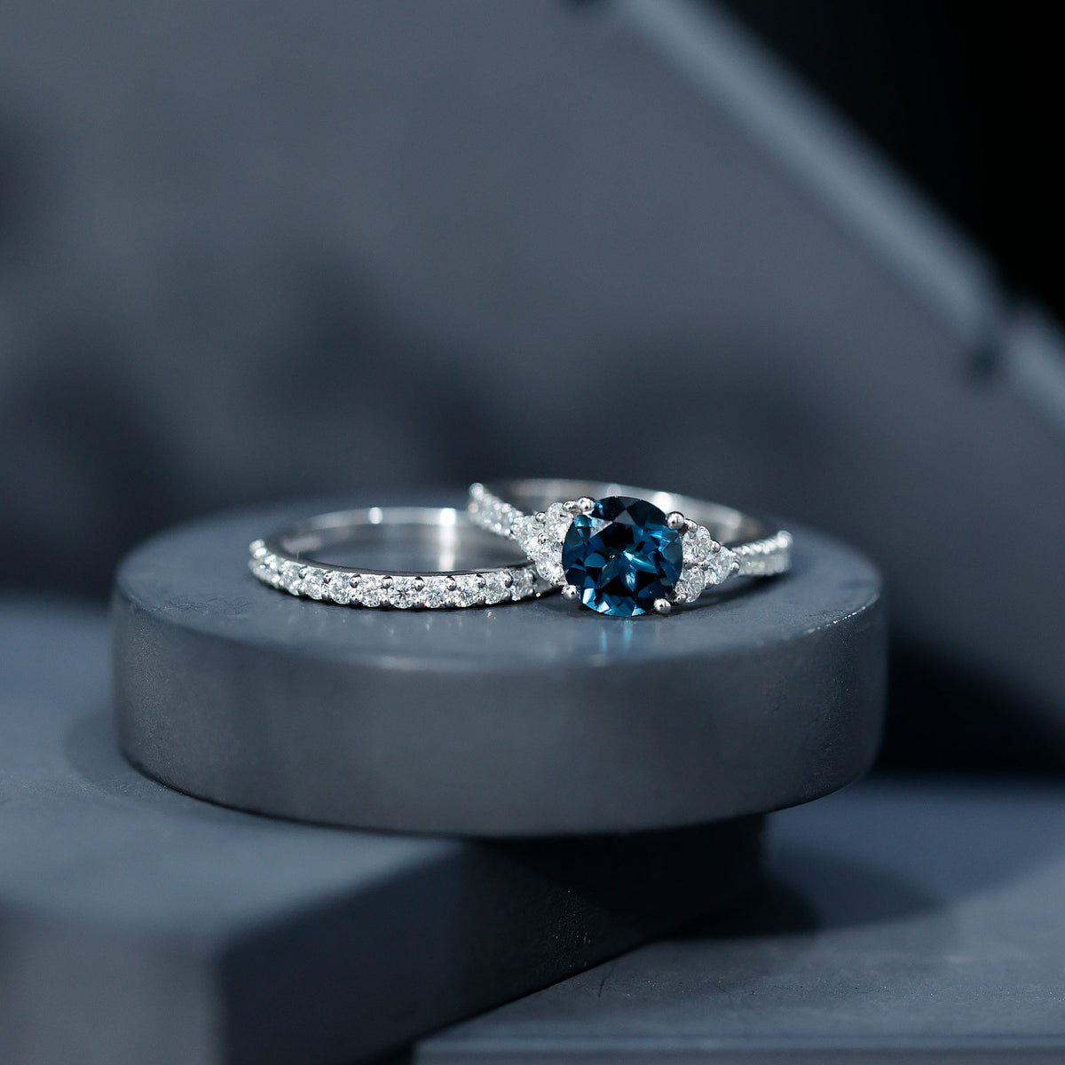 2 Carat London Blue Topaz Ring Set with Wedding Band AAA - Rosec Jewels