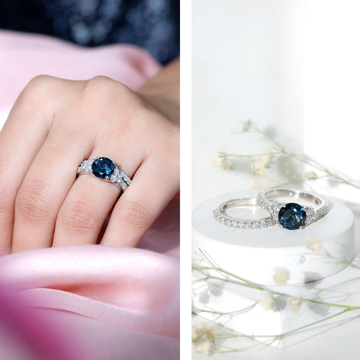 2 Carat London Blue Topaz Ring Set with Wedding Band AAA - Rosec Jewels