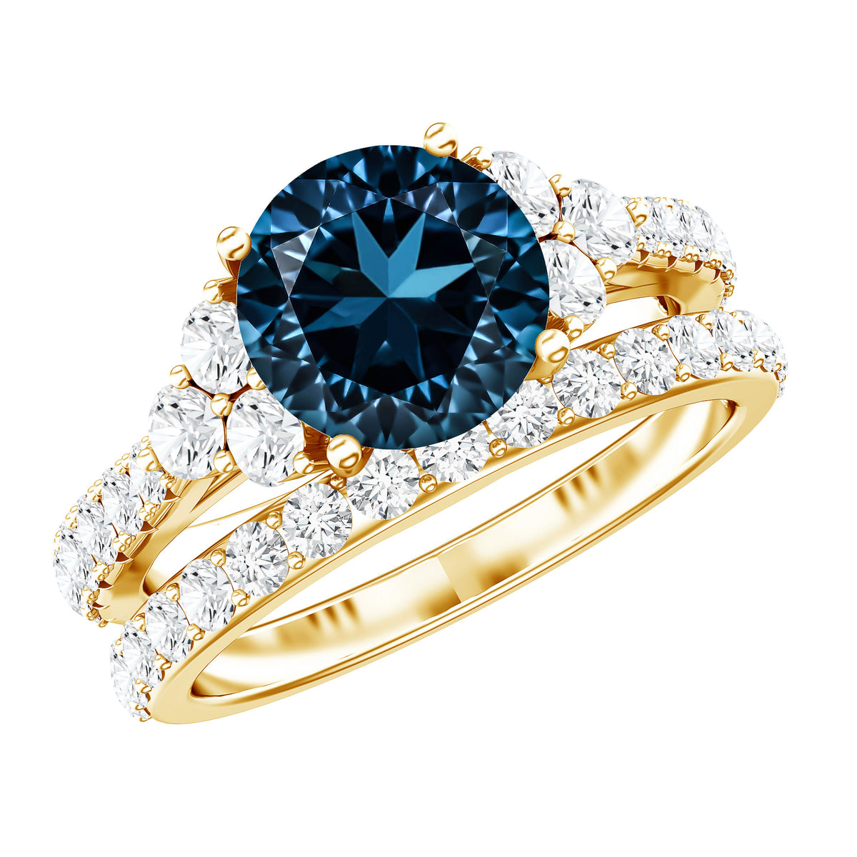 2 Carat London Blue Topaz Ring Set with Wedding Band AAA - Rosec Jewels