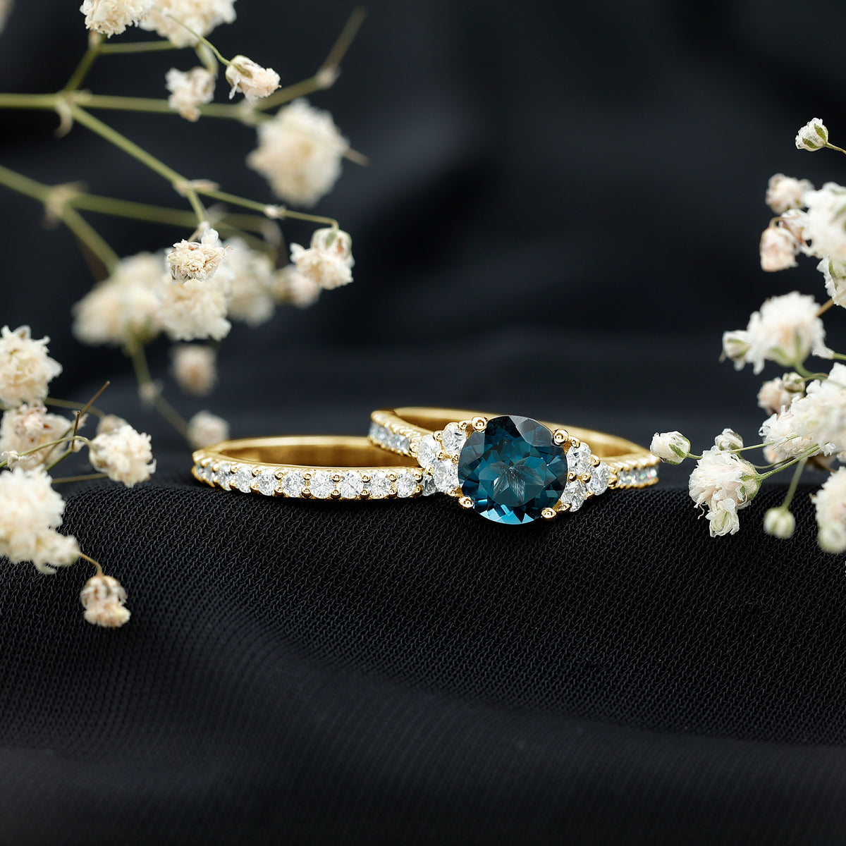 2 Carat London Blue Topaz Ring Set with Wedding Band AAA - Rosec Jewels