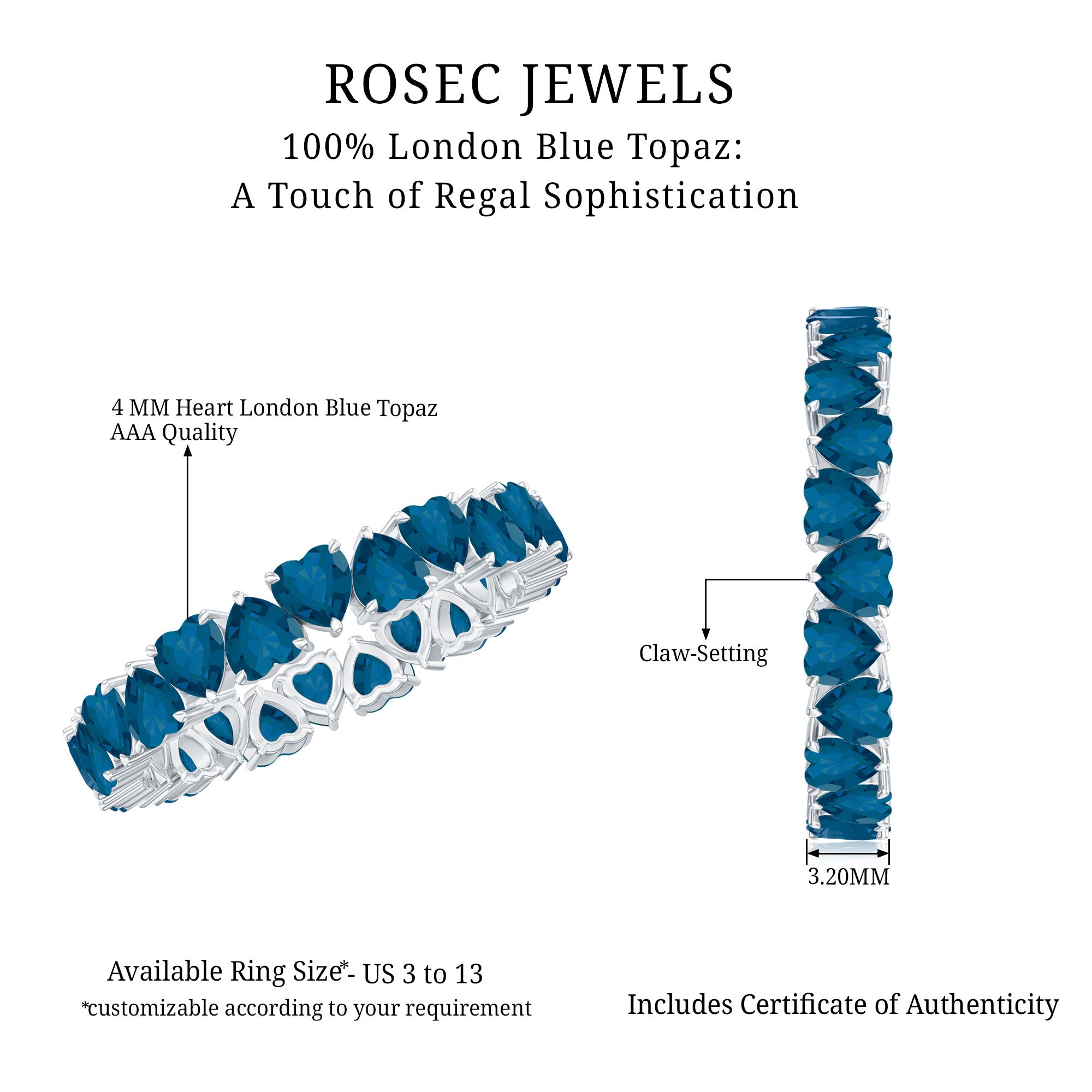 London Blue Topaz Heart Eternity Band Ring AAA - Rosec Jewels
