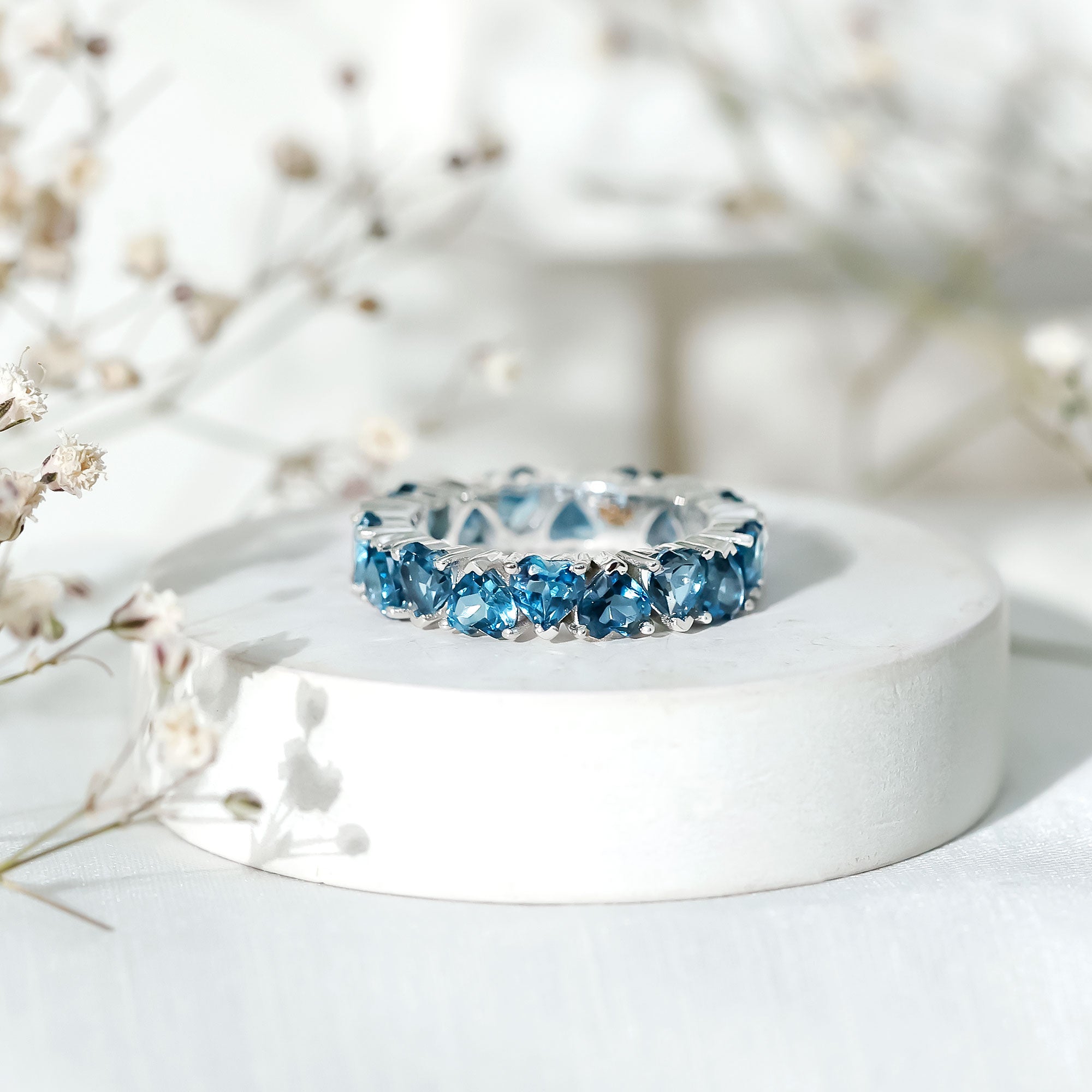 London Blue Topaz Heart Eternity Band Ring AAA - Rosec Jewels