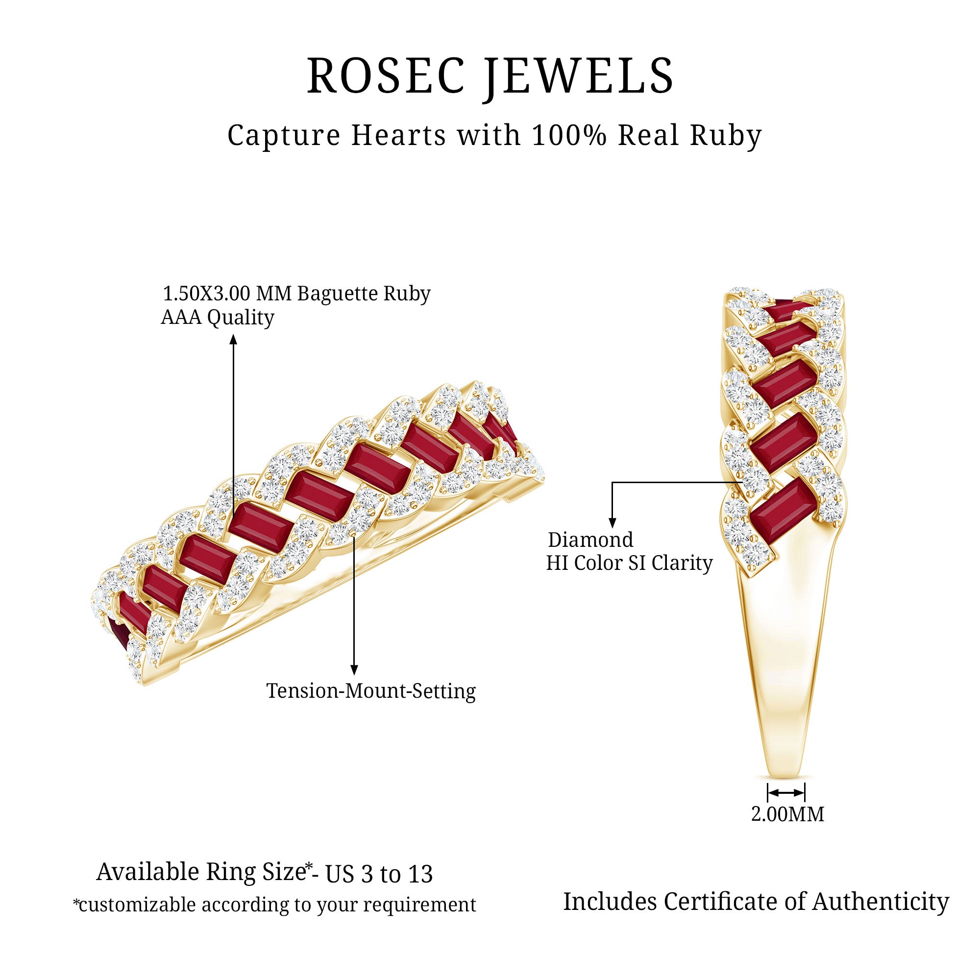 Natural Baguette Ruby Half Eternity Band with Diamond AAA - Rosec Jewels