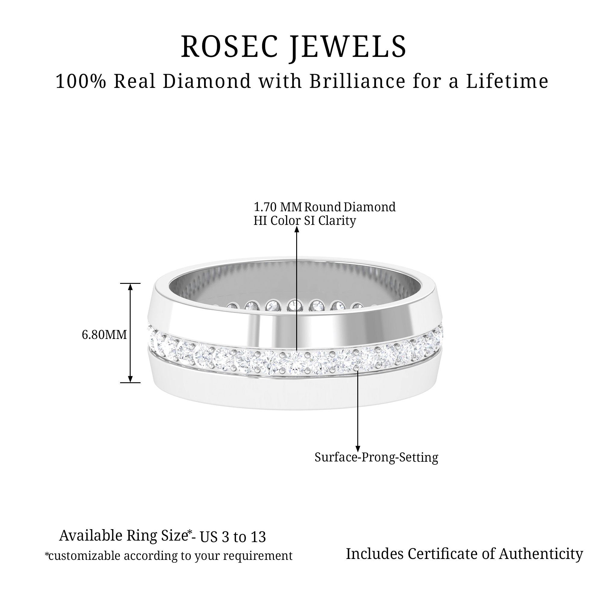 Diamond Wide Wedding Band Ring Diamond - ( HI-SI ) - Color and Clarity - Rosec Jewels