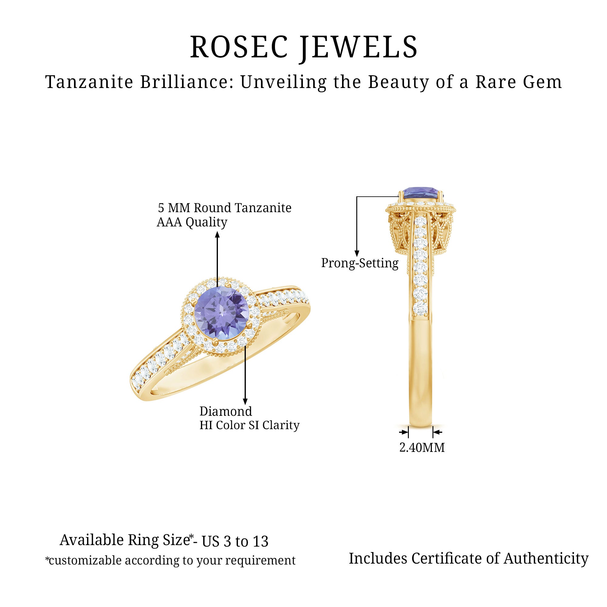 Rosec Jewels-Vintage Style Tanzanite Engagement Ring with Diamond Halo