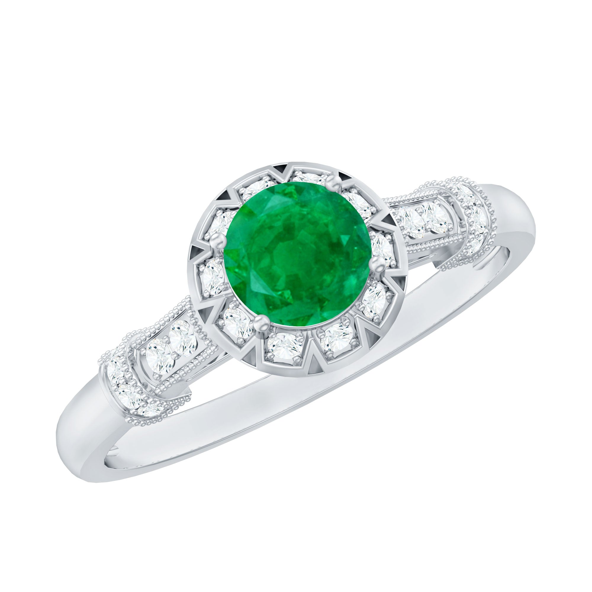 Vintage Inspired Emerald Engagement Ring with Diamond AAA - Rosec Jewels