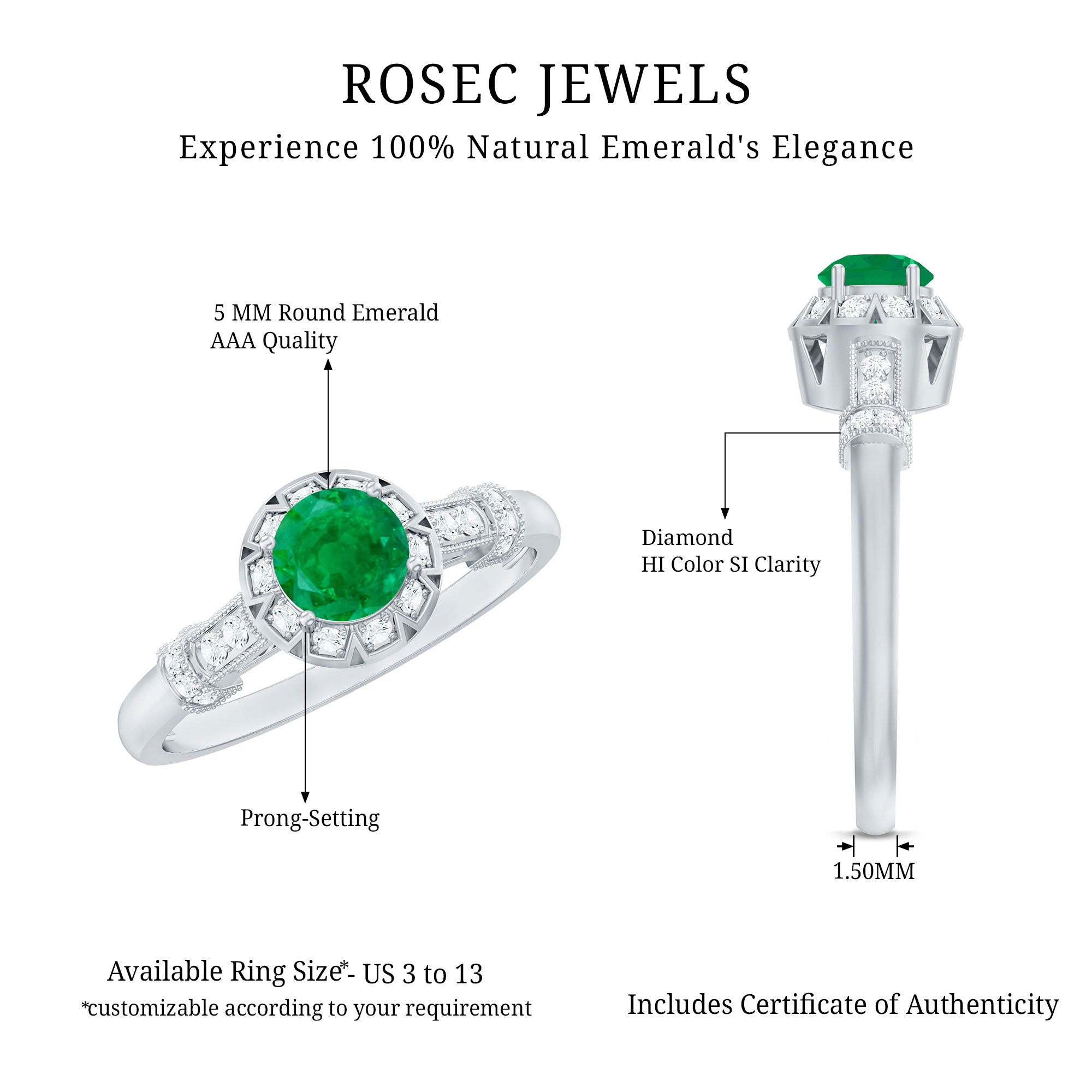 Vintage Inspired Emerald Engagement Ring with Diamond AAA - Rosec Jewels