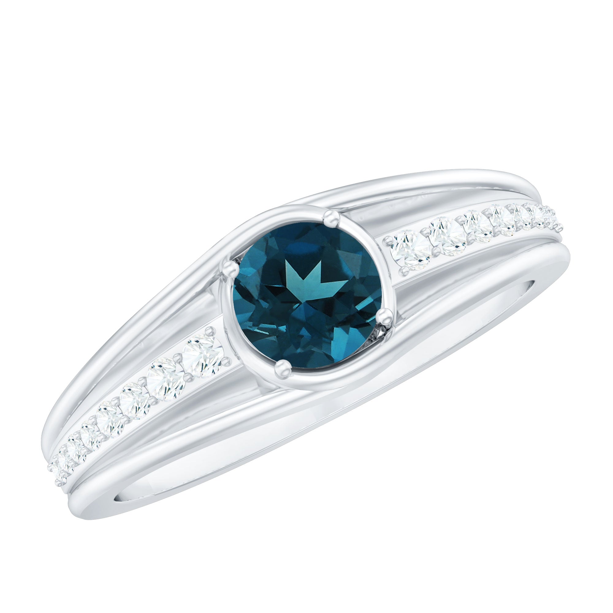 Genuine London Blue Topaz Engagement Ring with Diamond Side Stones AAA - Rosec Jewels
