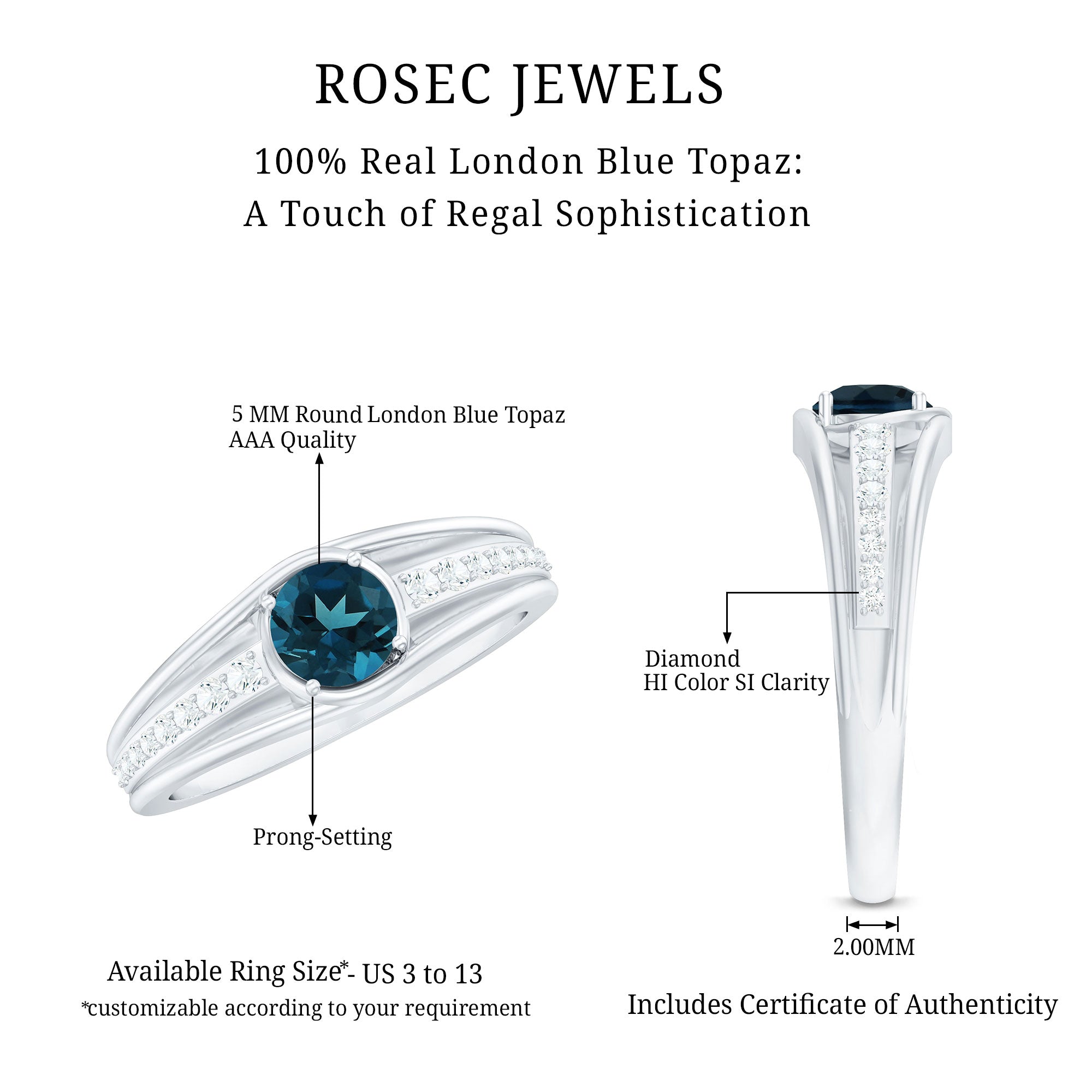 Genuine London Blue Topaz Engagement Ring with Diamond Side Stones AAA - Rosec Jewels