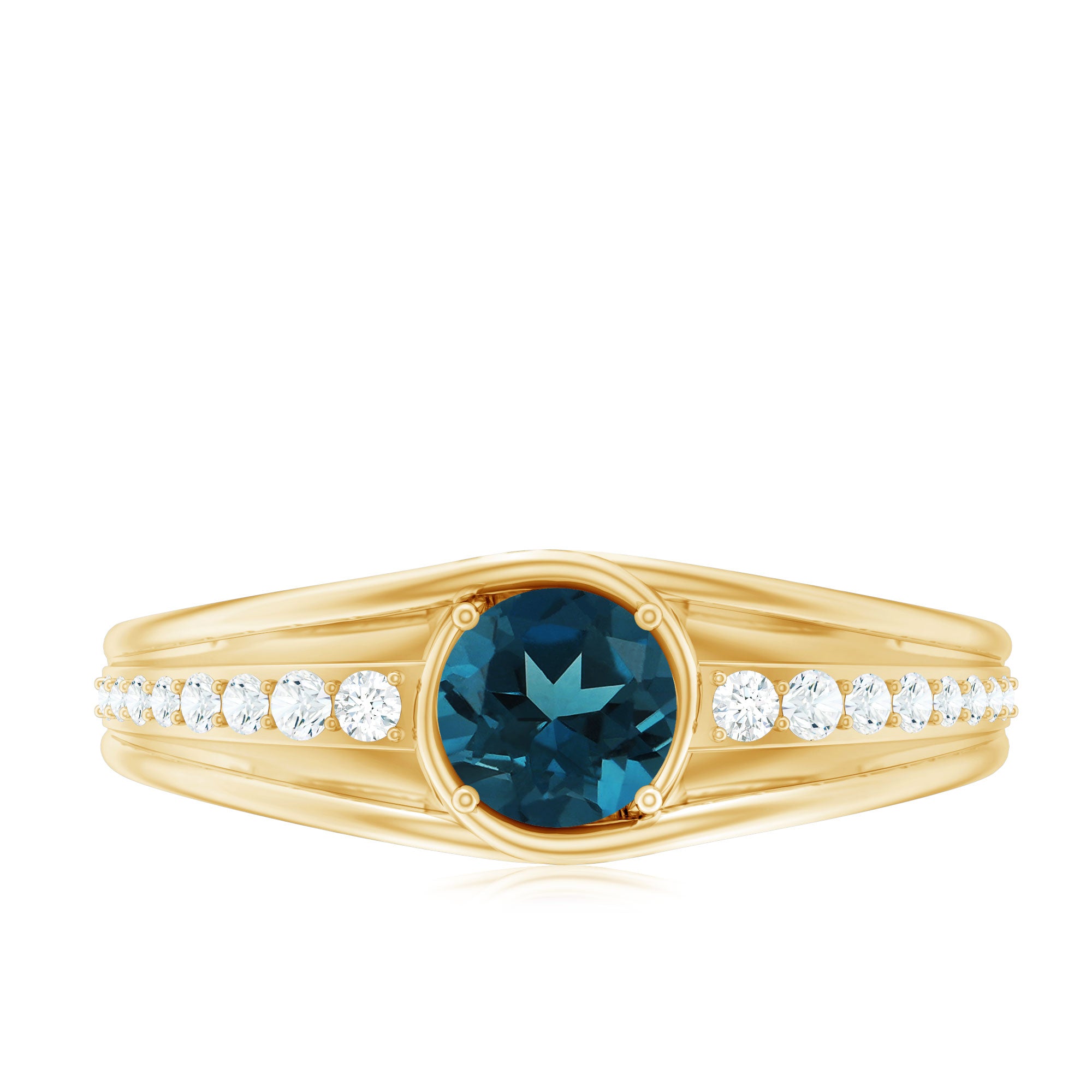 Genuine London Blue Topaz Engagement Ring with Diamond Side Stones AAA - Rosec Jewels
