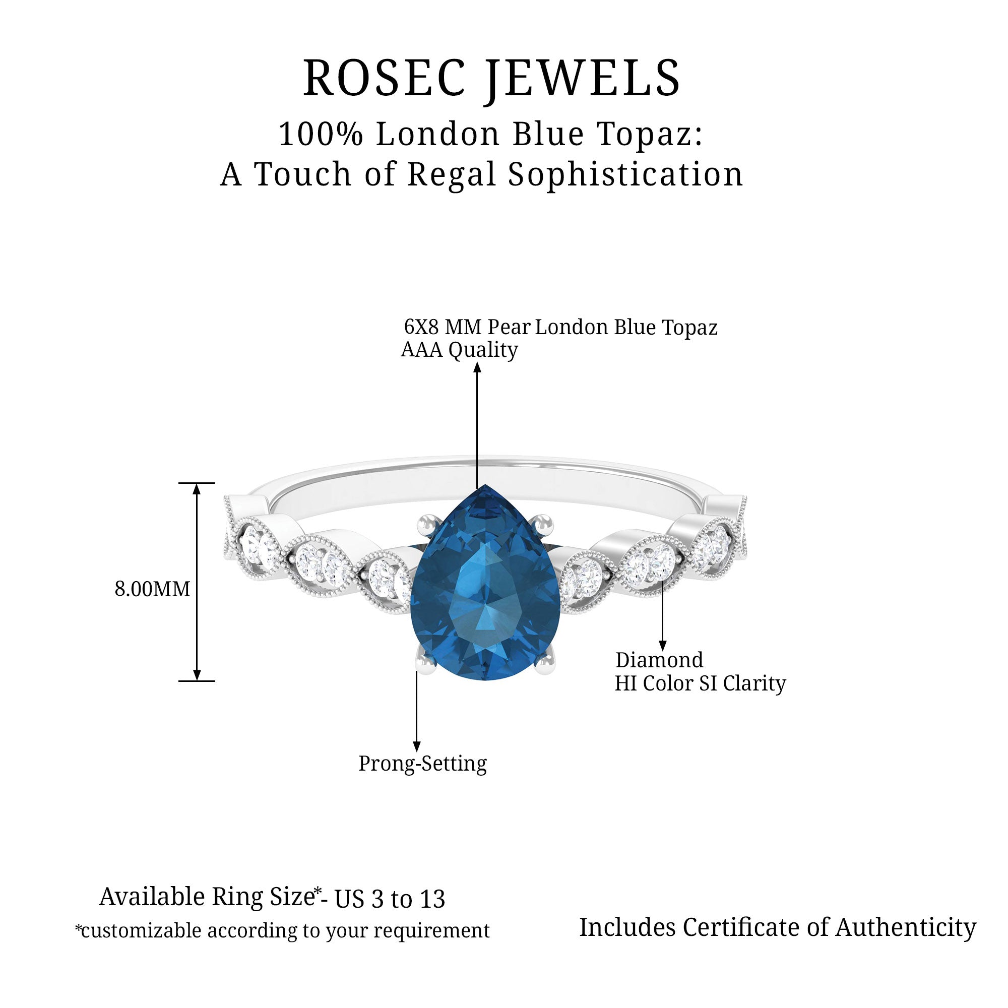 Pear Cut London Blue Topaz Solitaire Ring with Diamond Side Stones London Blue Topaz - ( AAA ) - Quality - Rosec Jewels