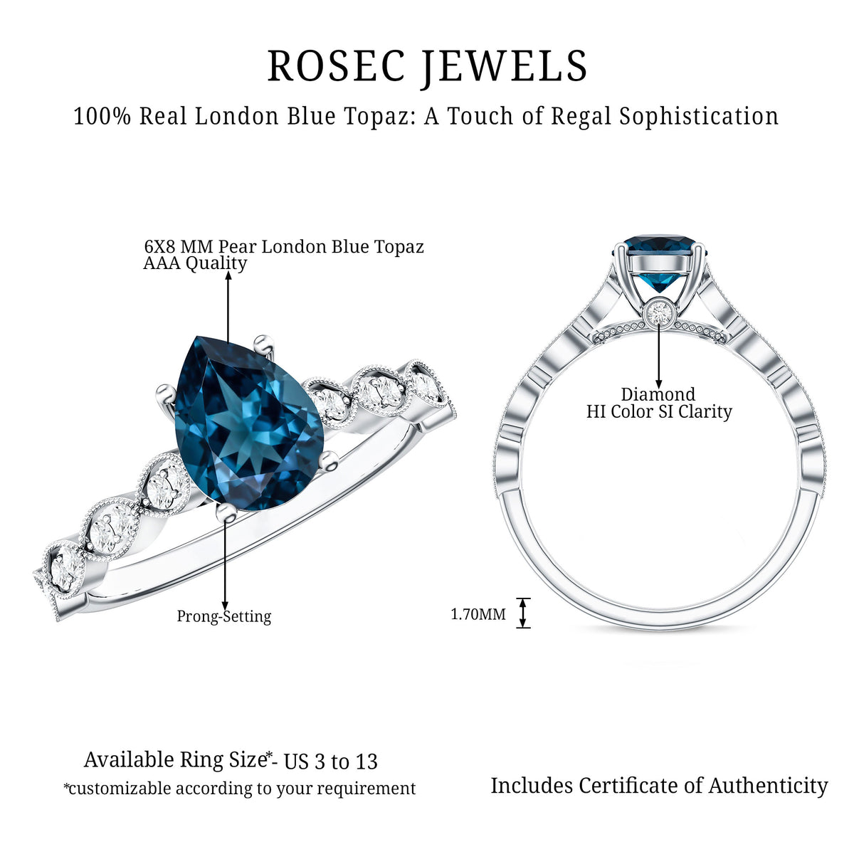 1 Carat Pear Shaped London Blue Topaz Teardrop Engagement Ring with Diamond AAA - Rosec Jewels