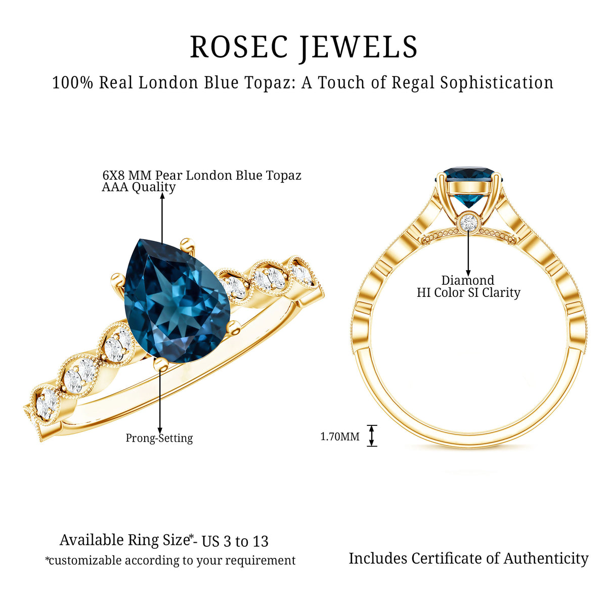 1 Carat Pear Shaped London Blue Topaz Teardrop Engagement Ring with Diamond AAA - Rosec Jewels