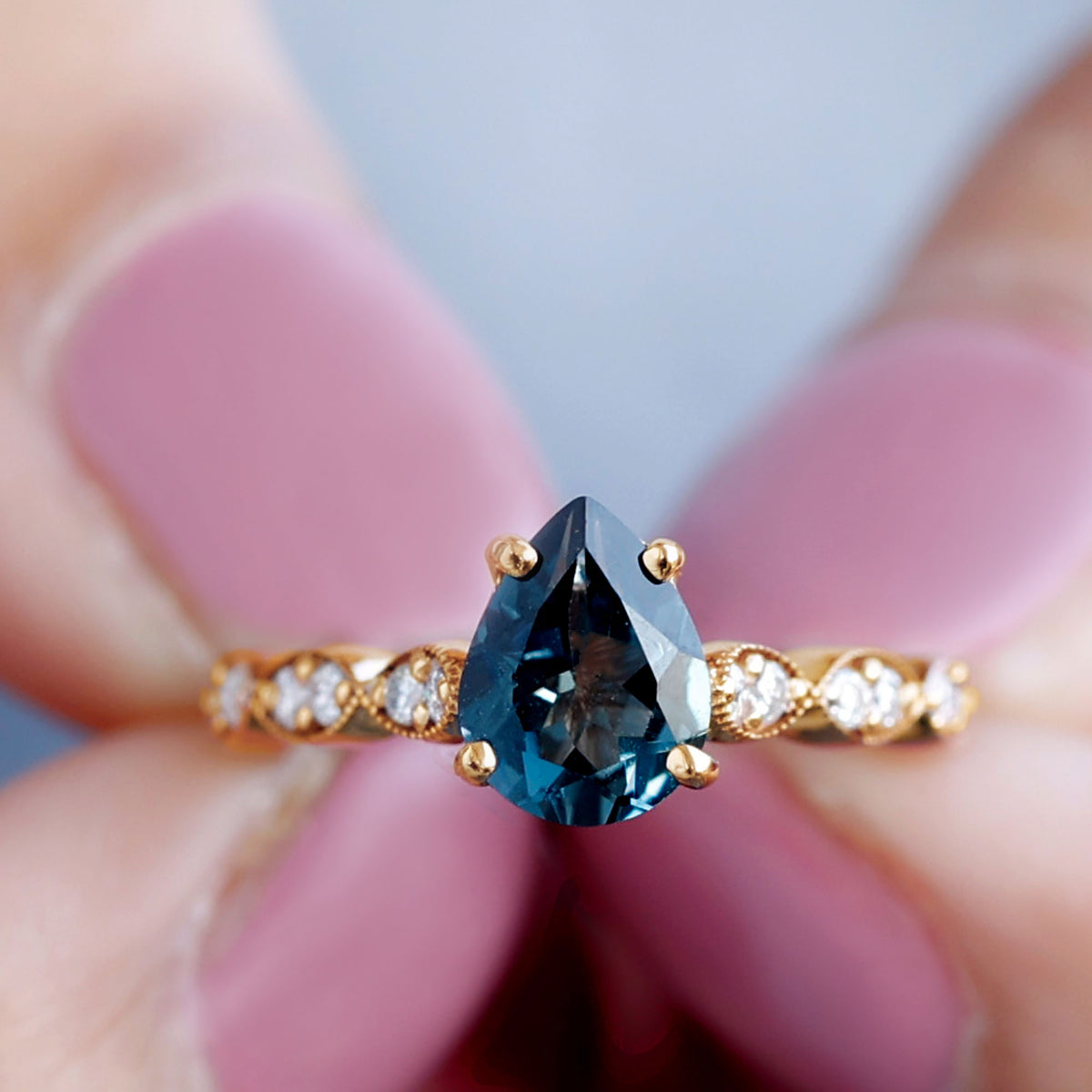 1 Carat Pear Shaped London Blue Topaz Teardrop Engagement Ring with Diamond AAA - Rosec Jewels