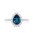 0.7 Carat Pear Shape London Blue Topaz Teardrop Engagement Ring with Diamond Halo AAA - Rosec Jewels