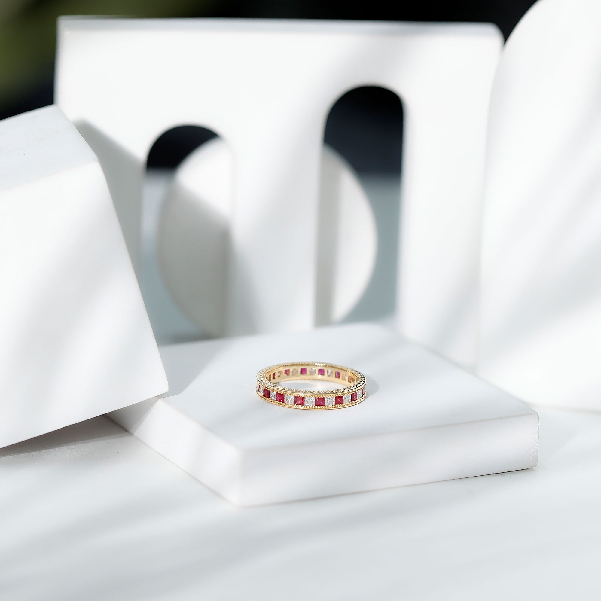 Certified Natural Princess Cut Ruby Eternity Ring with Moissanite AAA - Rosec Jewels