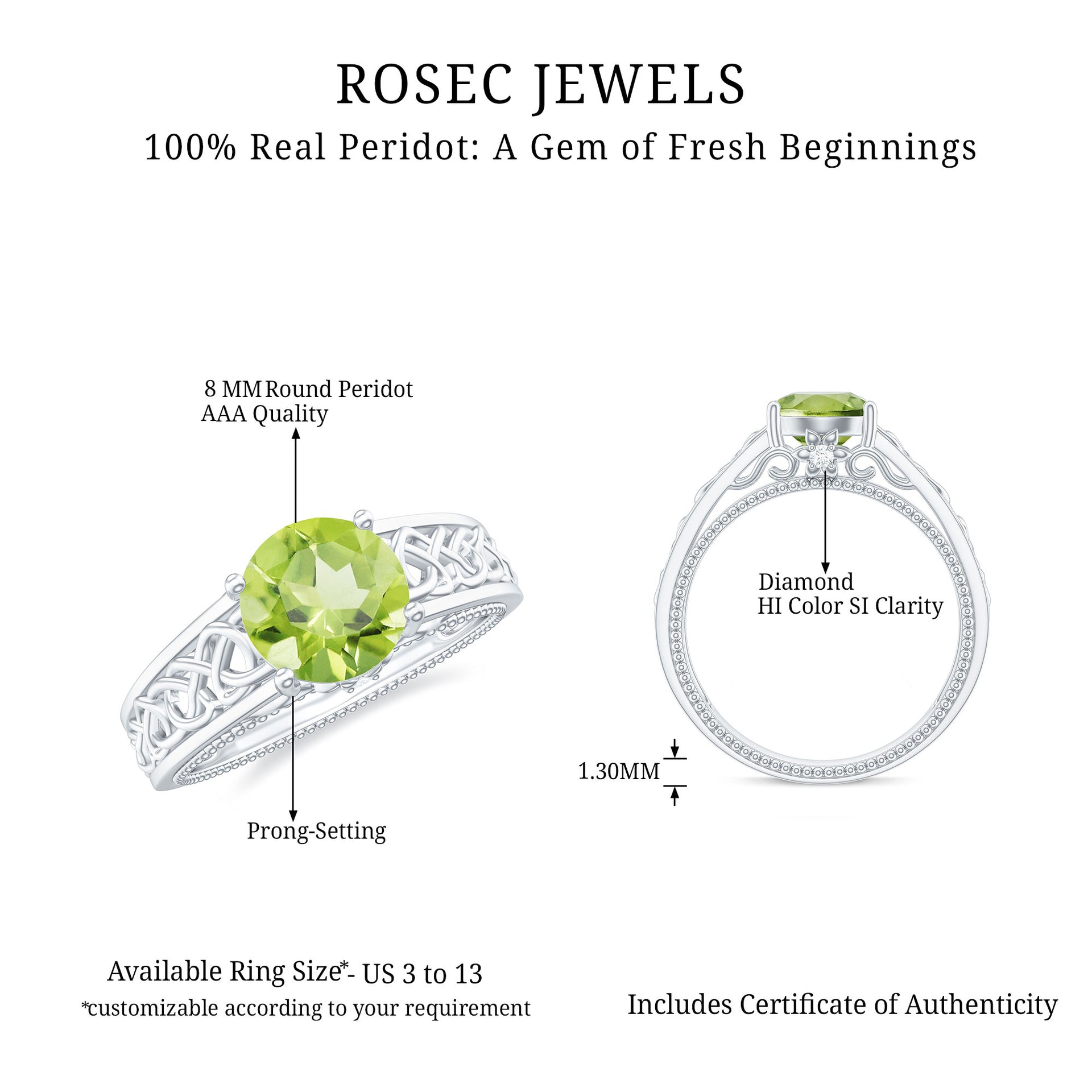 Vintage Style Peridot Celtic Knot Band Ring with Surprise Diamond Peridot - ( AAA ) - Quality - Rosec Jewels