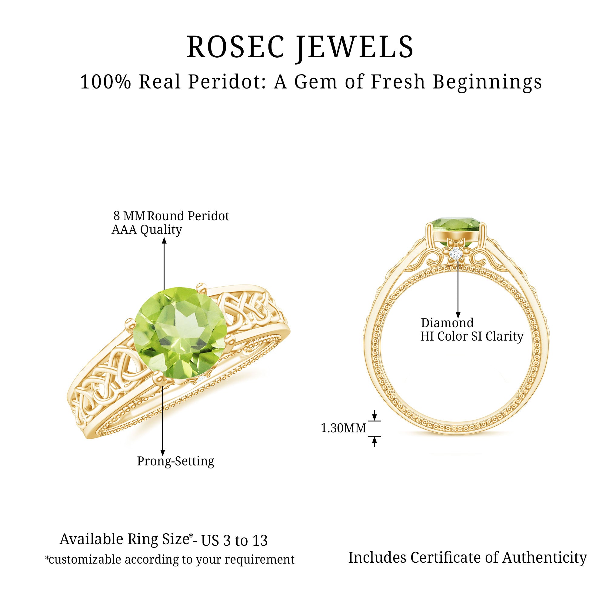 Real 2 Carat Peridot Celtic Knot Engagement Ring with Surprise Diamond AAA - Rosec Jewels