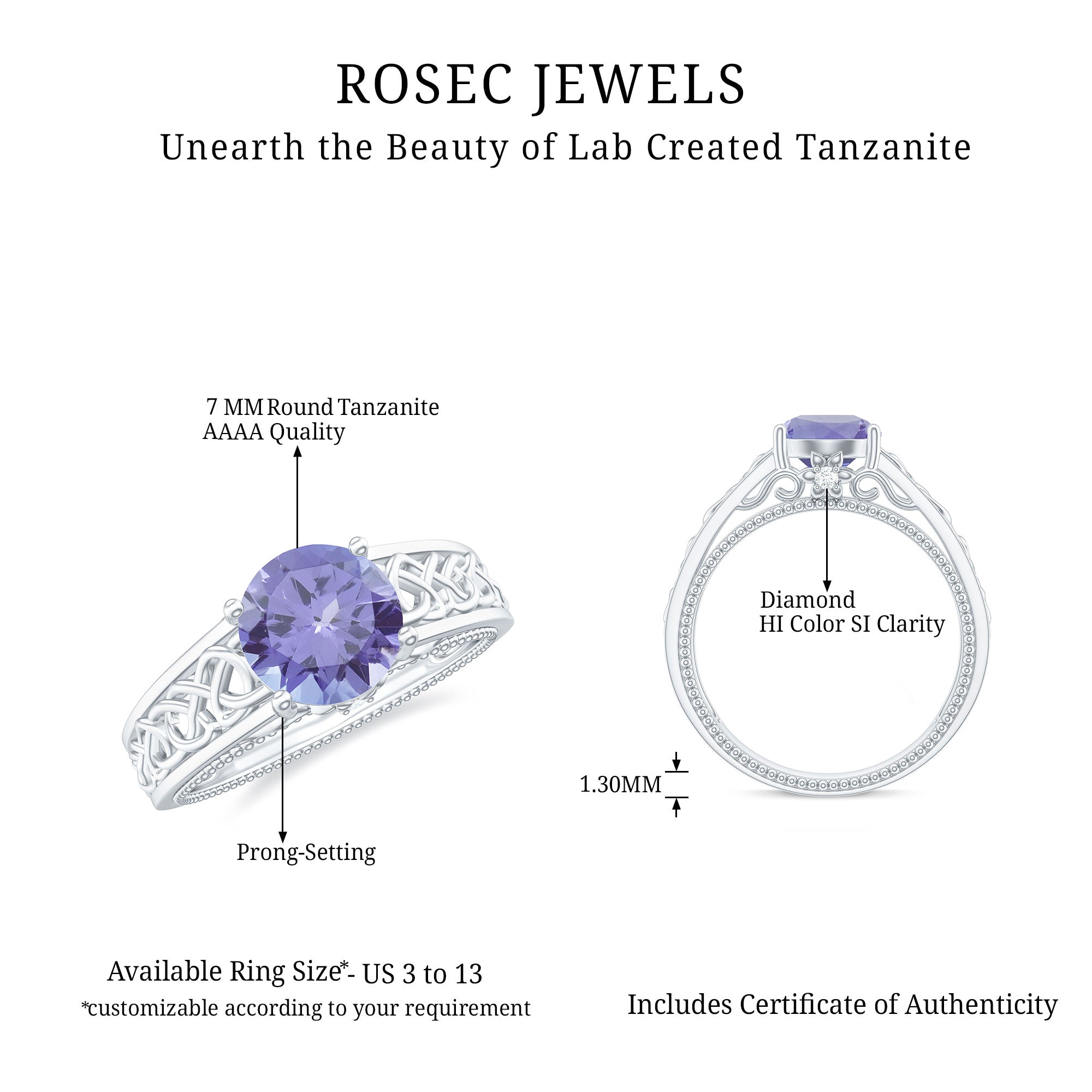 1.5 Carat Lab Created Tanzanite Engagement Ring with Celtic Design AAAA - Rosec Jewels