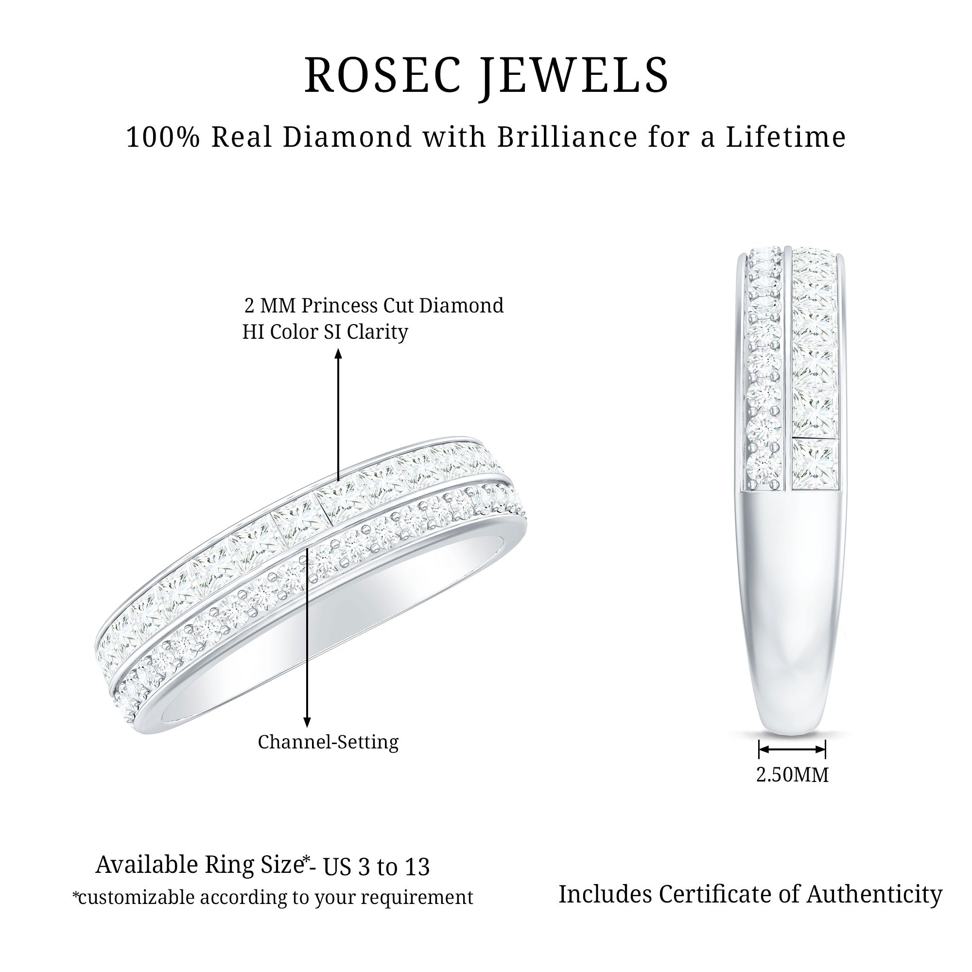Certified Real Diamond Half Eternity Wedding Band Natural - ( HI-SI ) - Rosec Jewels