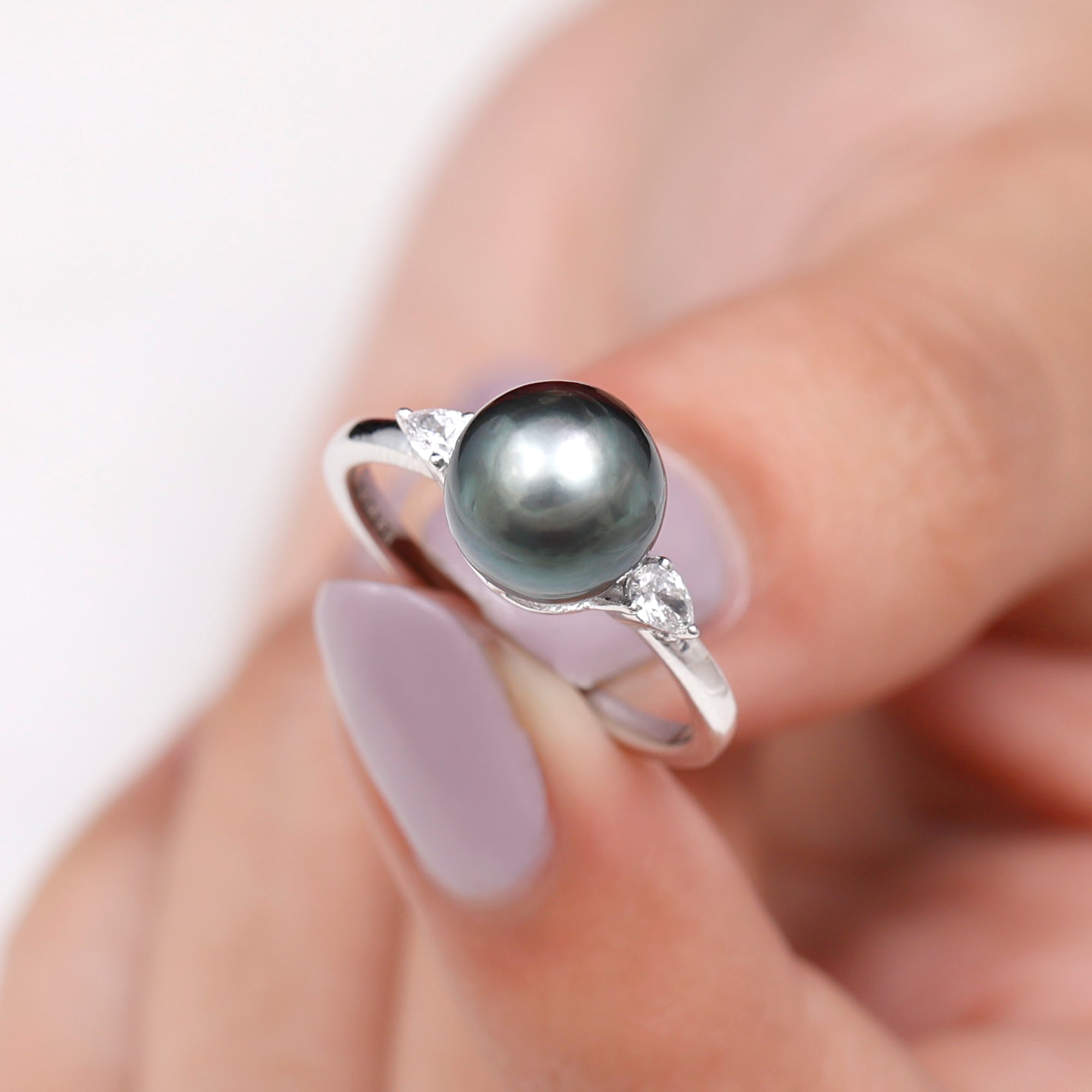 Rosec Jewels-Round Tahitian Pearl Solitaire Engagement Ring with Moissanite