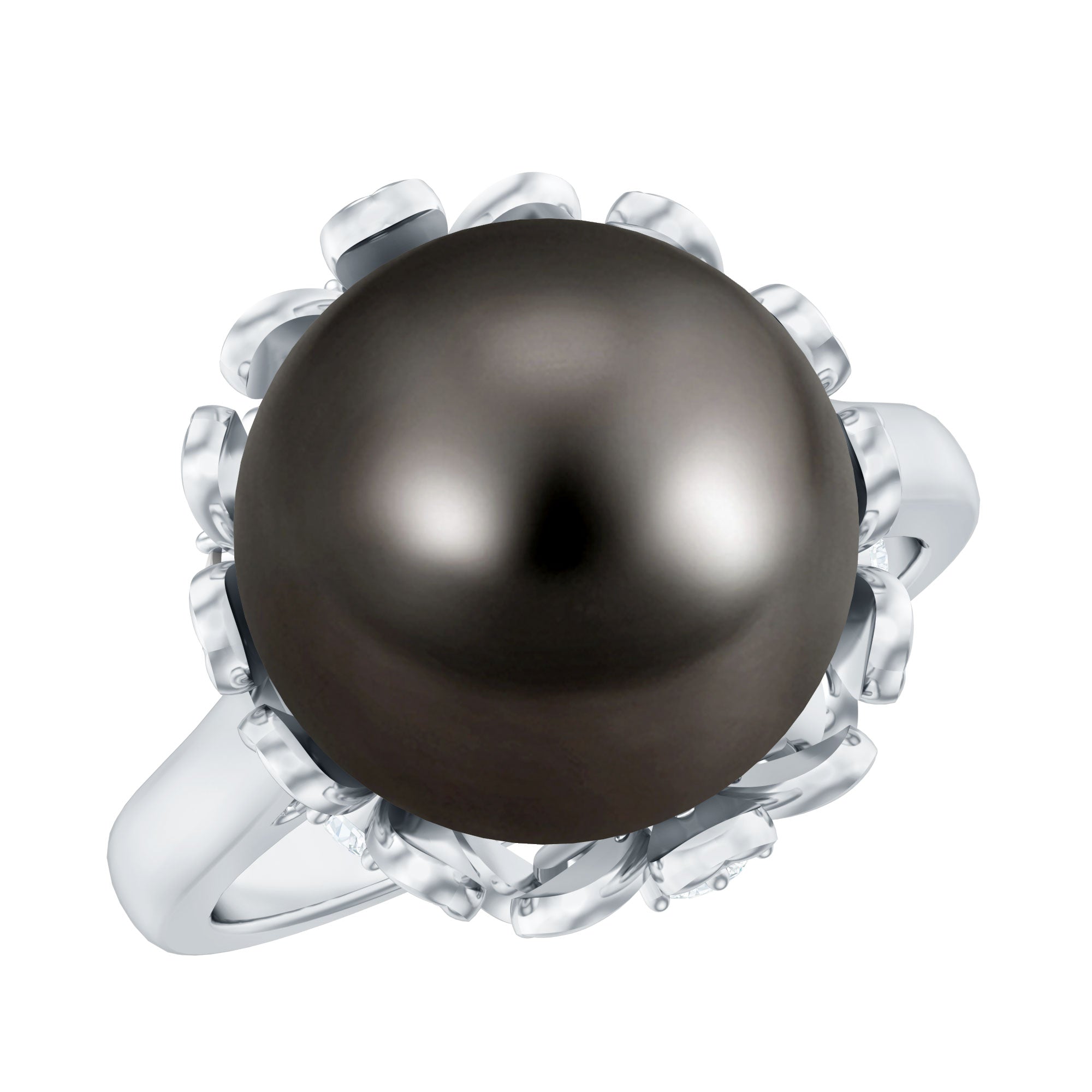 10MM Solitaire Tahitian Black Pearl Engagement Ring with Floral Setting AAA - Rosec Jewels