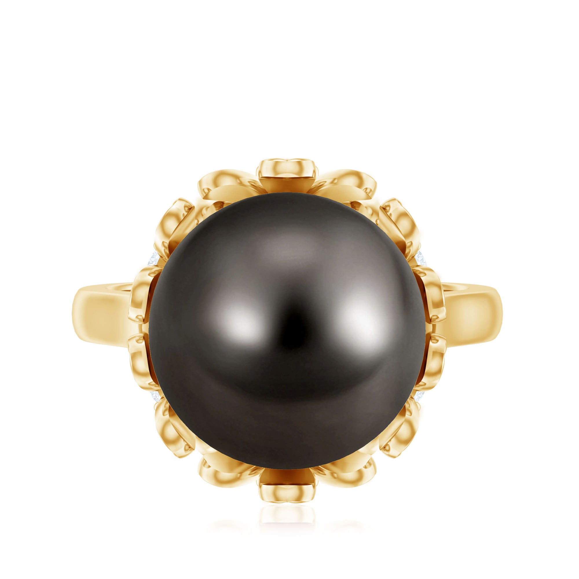 10MM Solitaire Tahitian Black Pearl Engagement Ring with Floral Setting AAA - Rosec Jewels