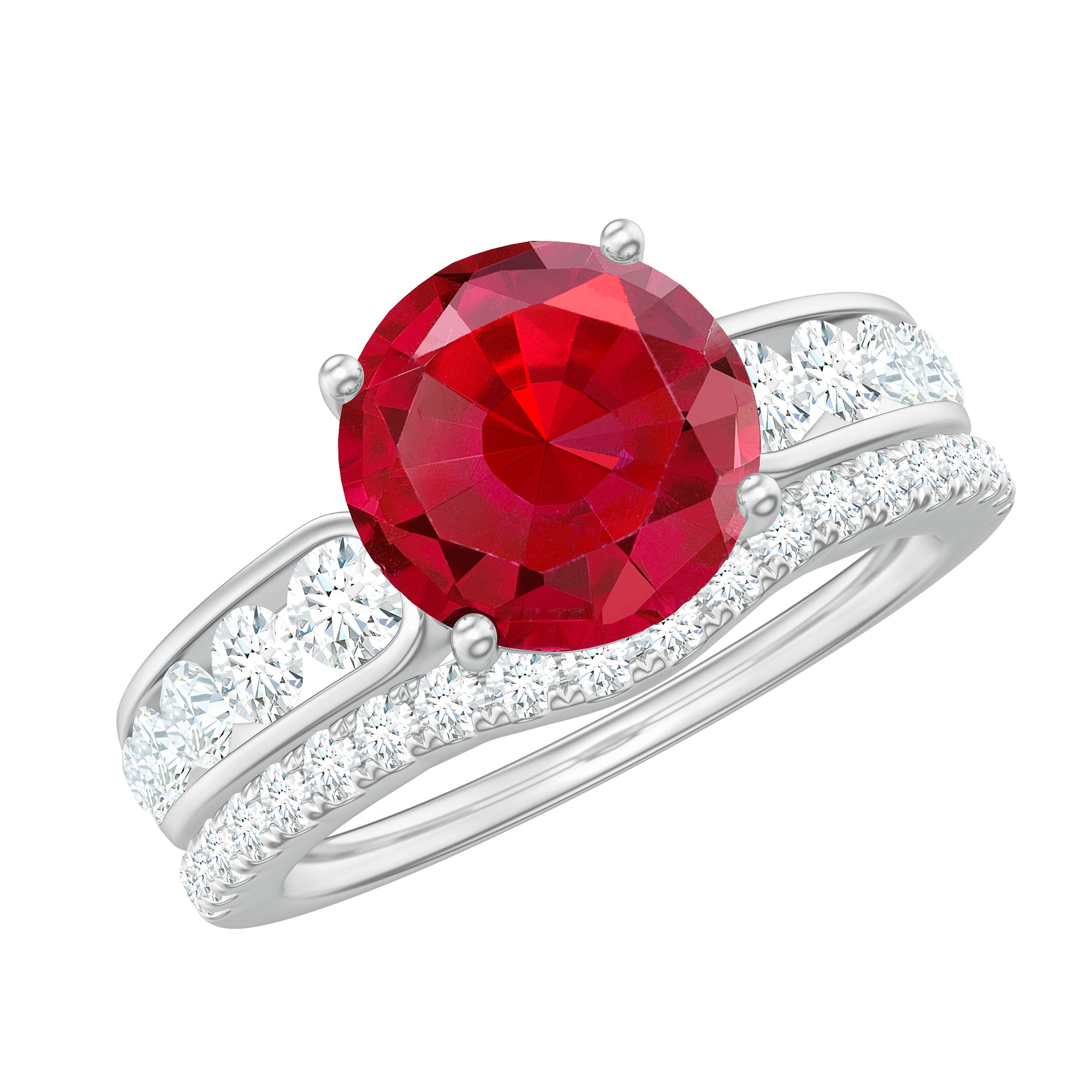 Certified Lab Grown Ruby Engagement Ring Set with Moissanite Lab Created Ruby - ( AAAA ) - Quality - Rosec Jewels