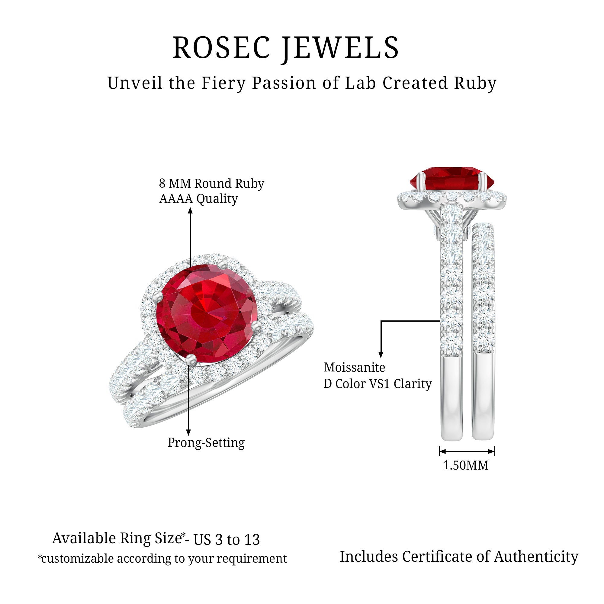 Lab Created Ruby Halo Engagement Ring with Moissanite Enhancer Ring AAAA - Rosec Jewels
