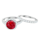 Lab Created Ruby Halo Engagement Ring with Moissanite Enhancer Ring AAAA - Rosec Jewels