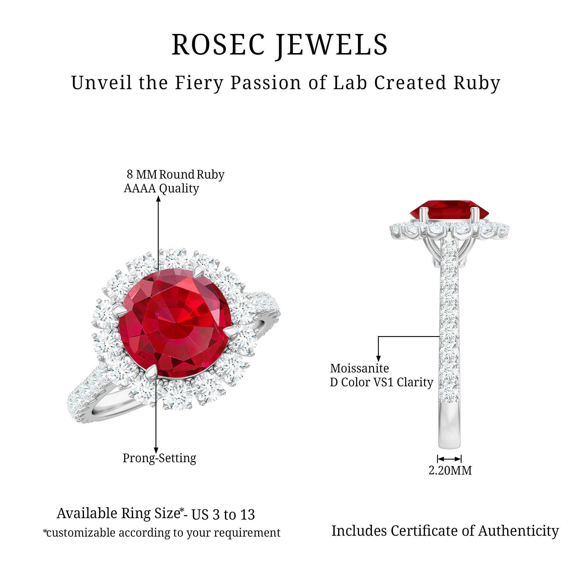 Rosec Jewels-Round Lab Created Ruby and Moissanite Halo Engagement Ring