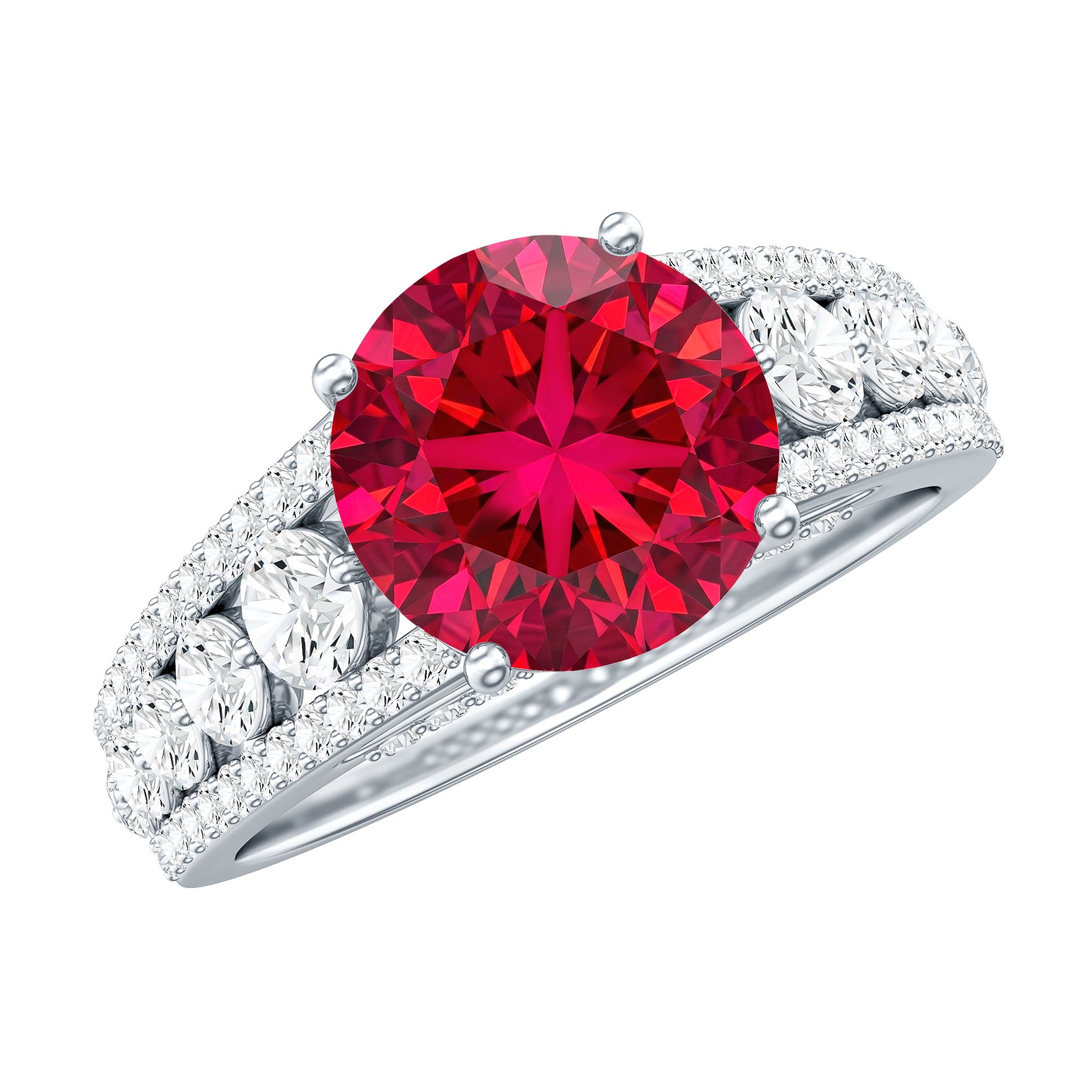 Created Ruby Statement Engagement Ring with Moissanite Side Stones AAAA - Rosec Jewels