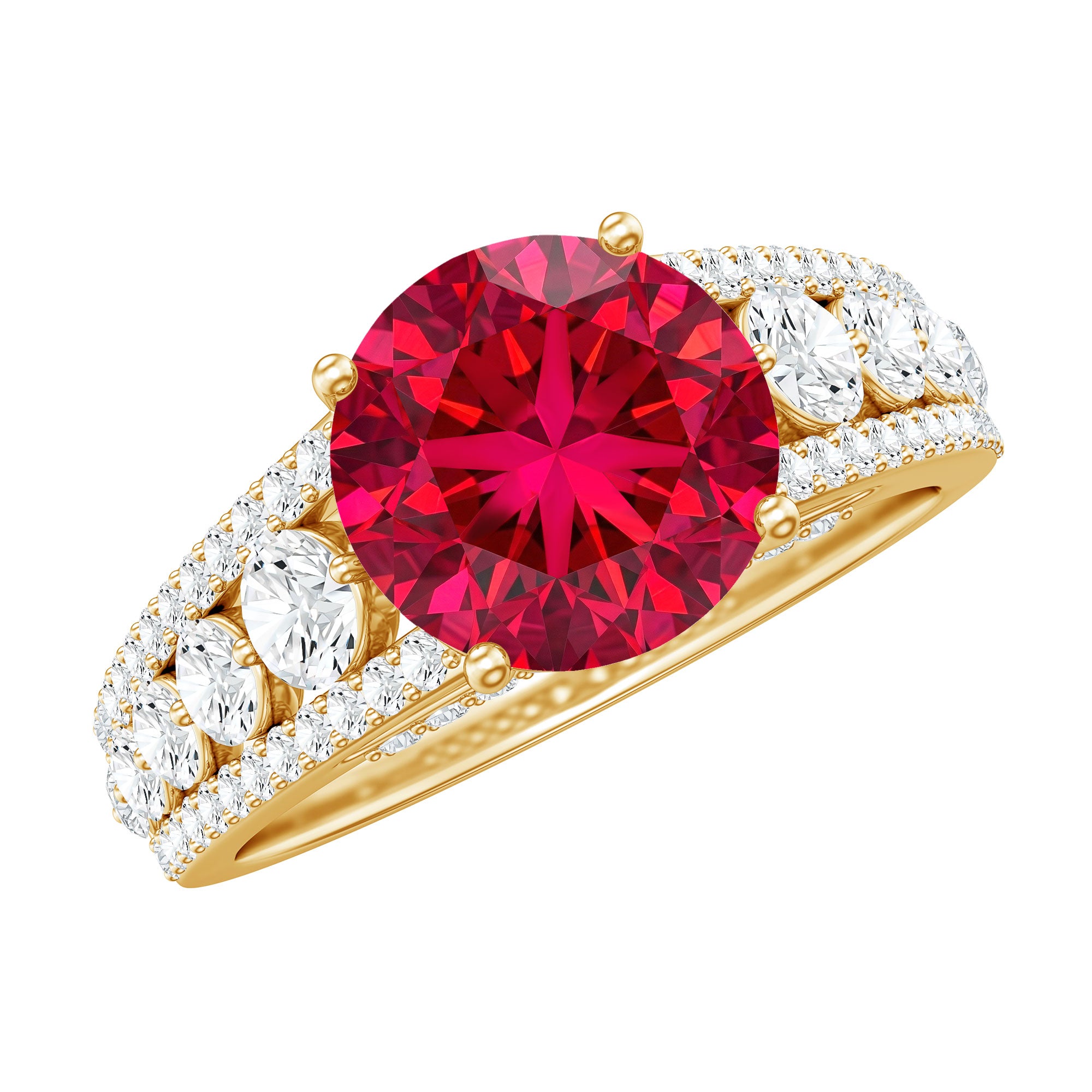 Created Ruby Statement Engagement Ring with Moissanite Side Stones AAAA - Rosec Jewels