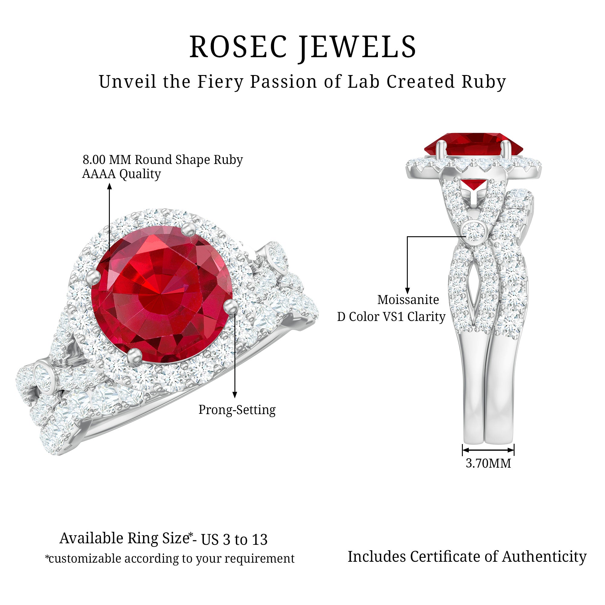 Round Cut Lab Created Ruby and Moissanite Bridal Ring Set AAAA - Rosec Jewels