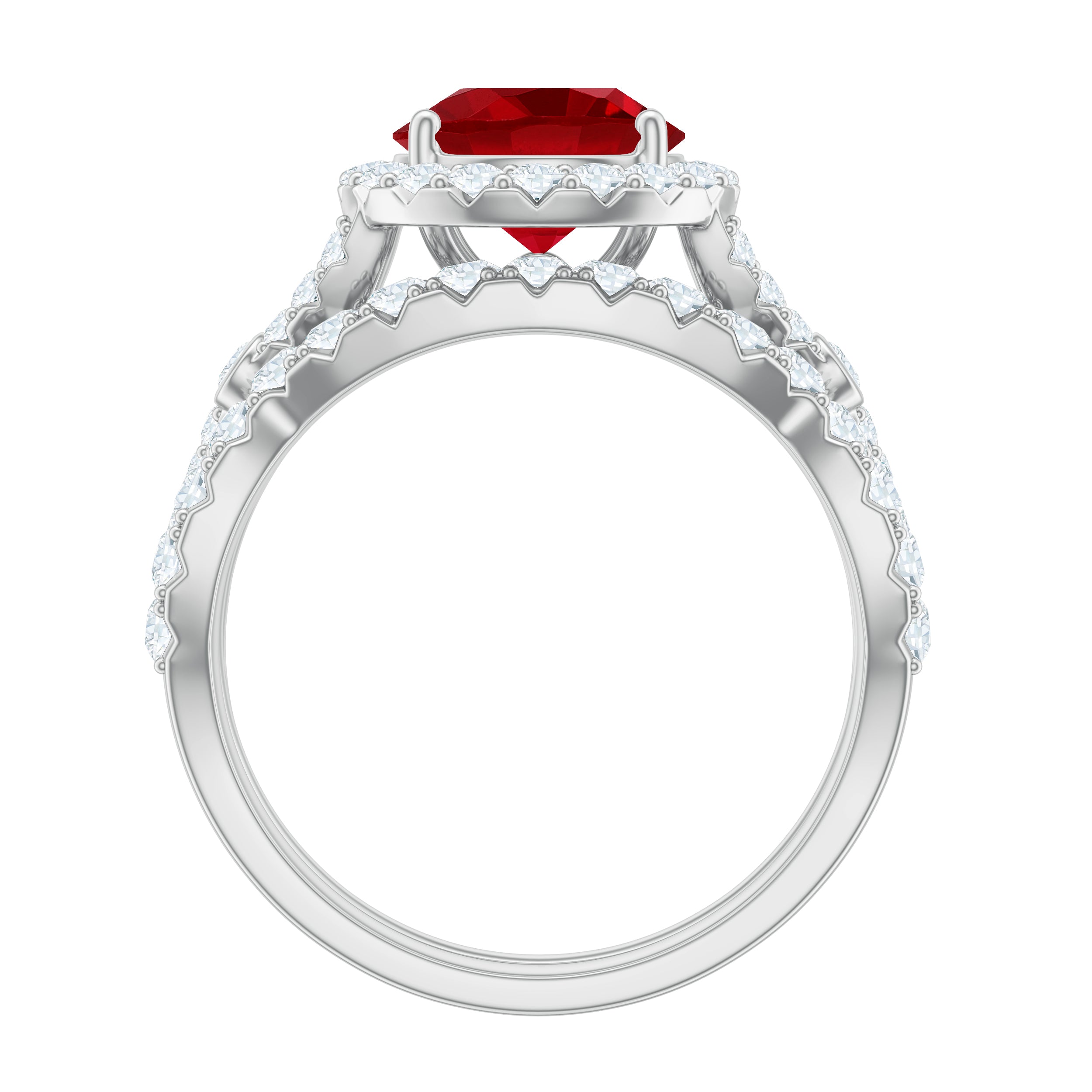Round Cut Lab Created Ruby and Moissanite Bridal Ring Set AAAA - Rosec Jewels