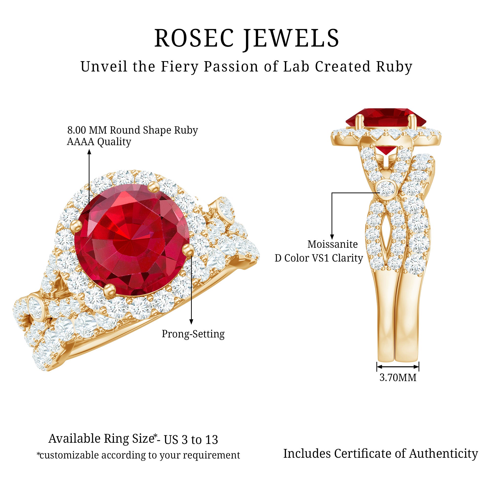 Round Cut Lab Created Ruby and Moissanite Bridal Ring Set AAAA - Rosec Jewels