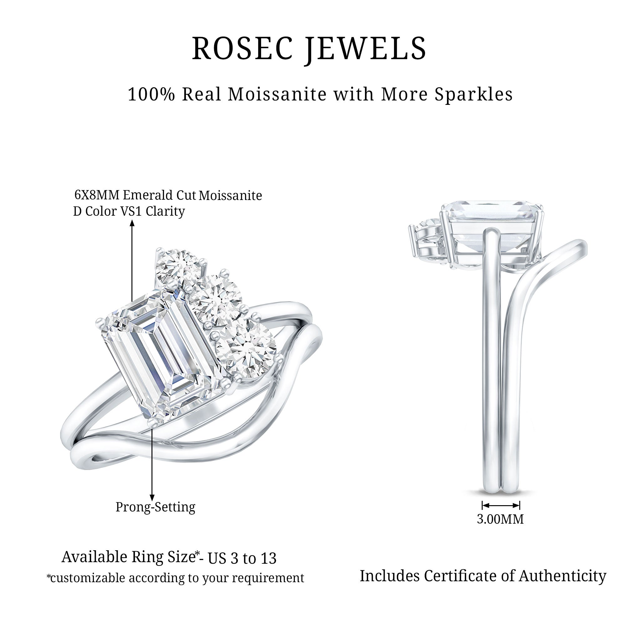 Emerald Cut Moissanite Engagement Ring with Enhancer D-VS1 - Rosec Jewels