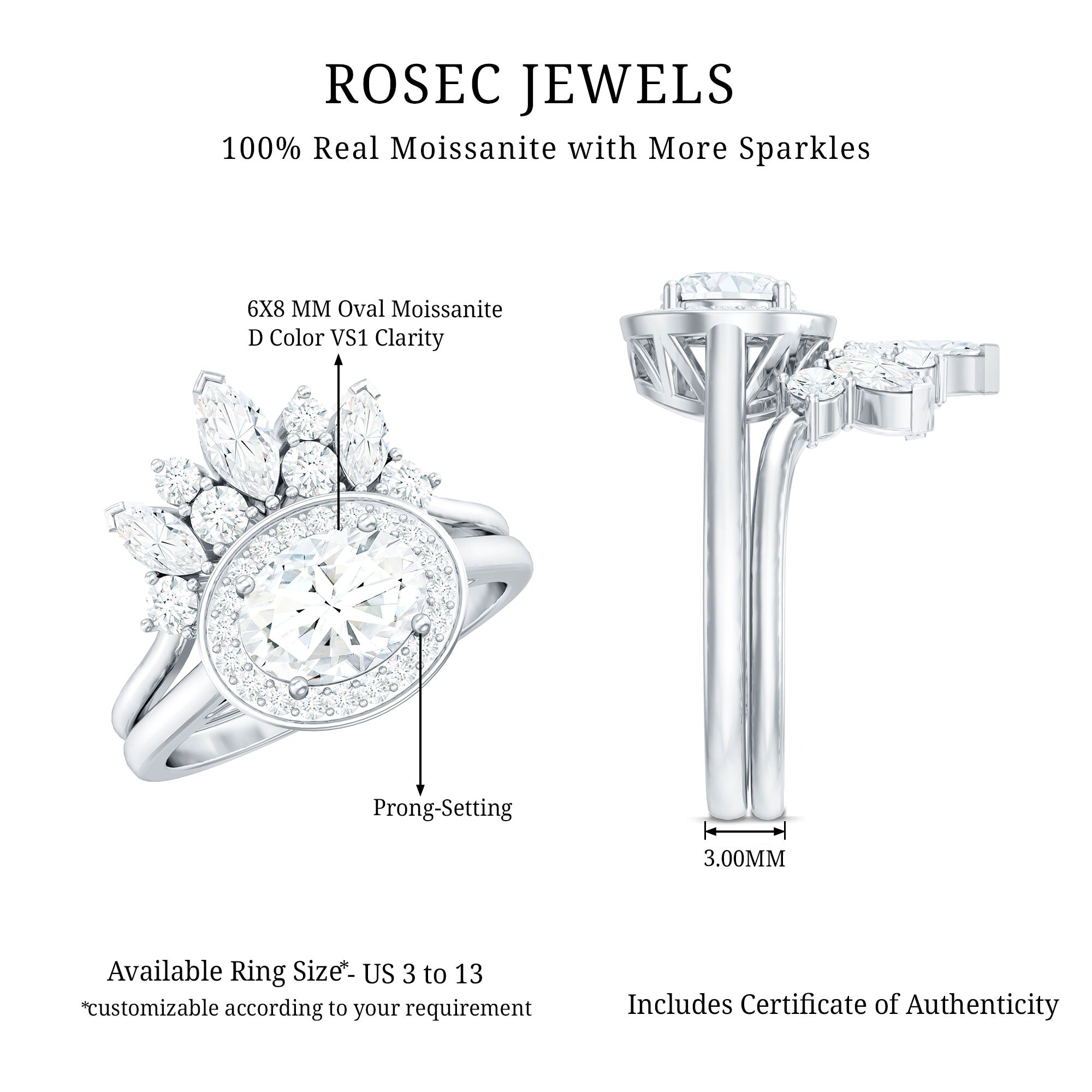 Rosec Jewels-Designer Moissanite Oval Halo Wedding Ring Set with Certificate