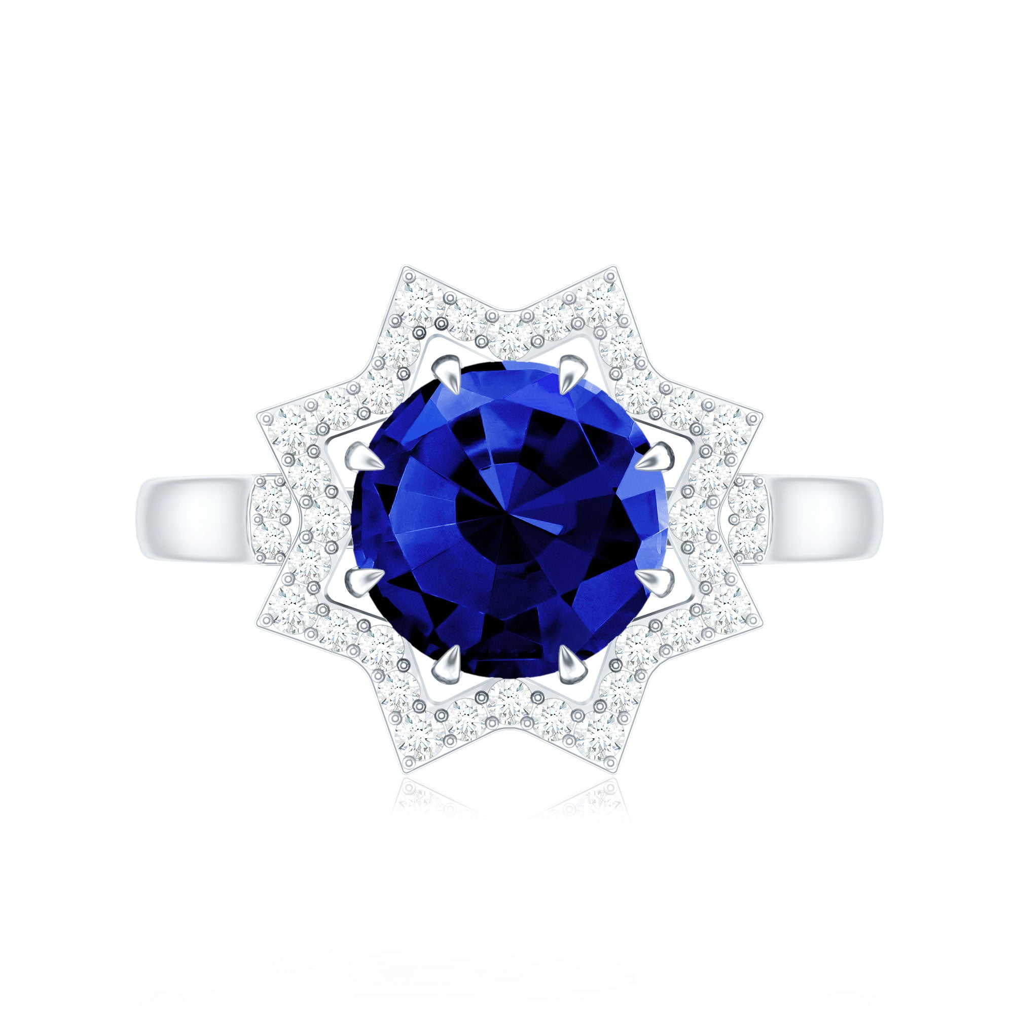Certified 2.7 Carat Lab Grown Blue Sapphire Engagement Ring with Diamond Star Halo AAAA - Rosec Jewels